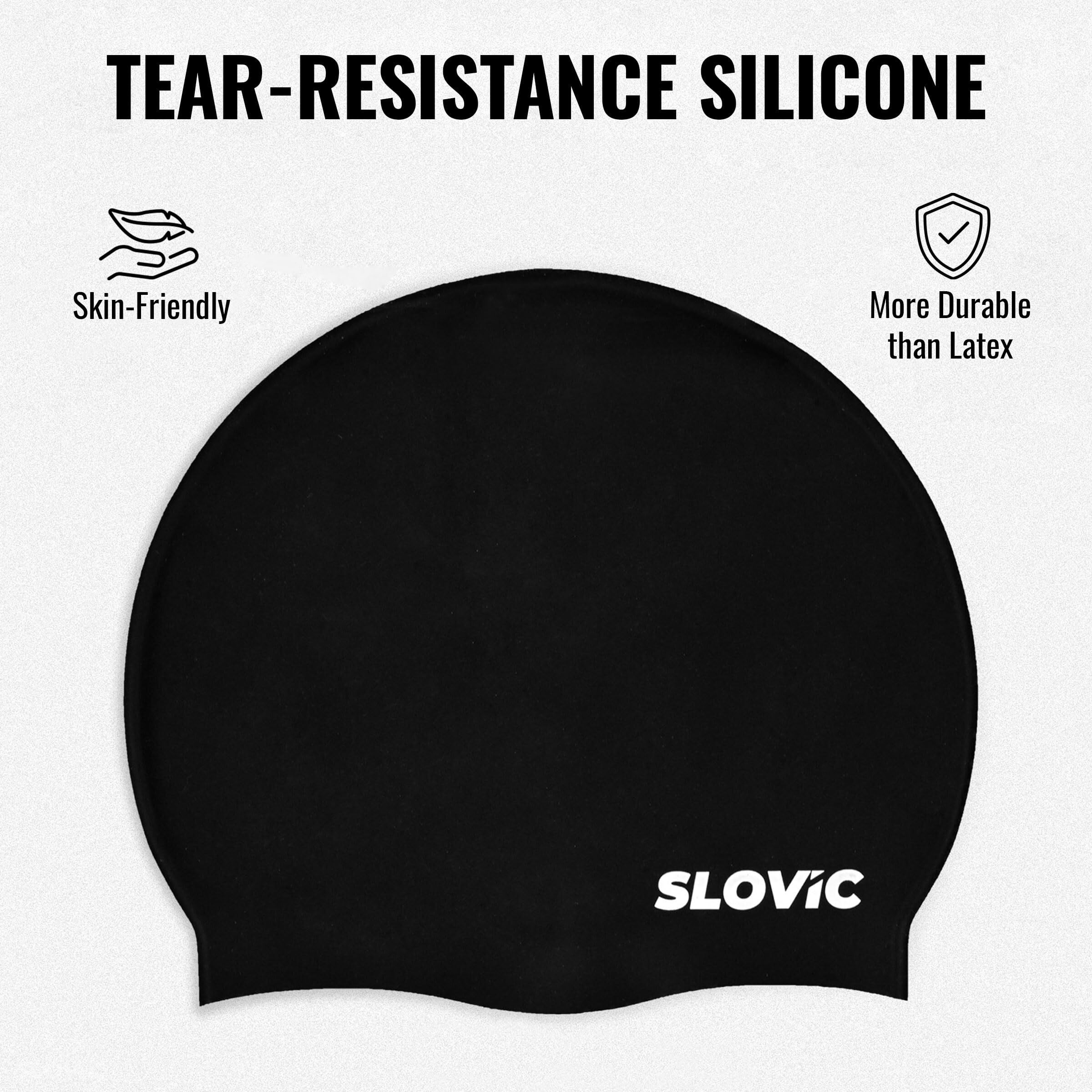 SLOVIC Black Swimming Caps for Men and Women with Long Hair | Waterproof Cap for Swimming Silicone | Free-Size for Great Fit | No Hair Pulling | Prevents Chemical Damage