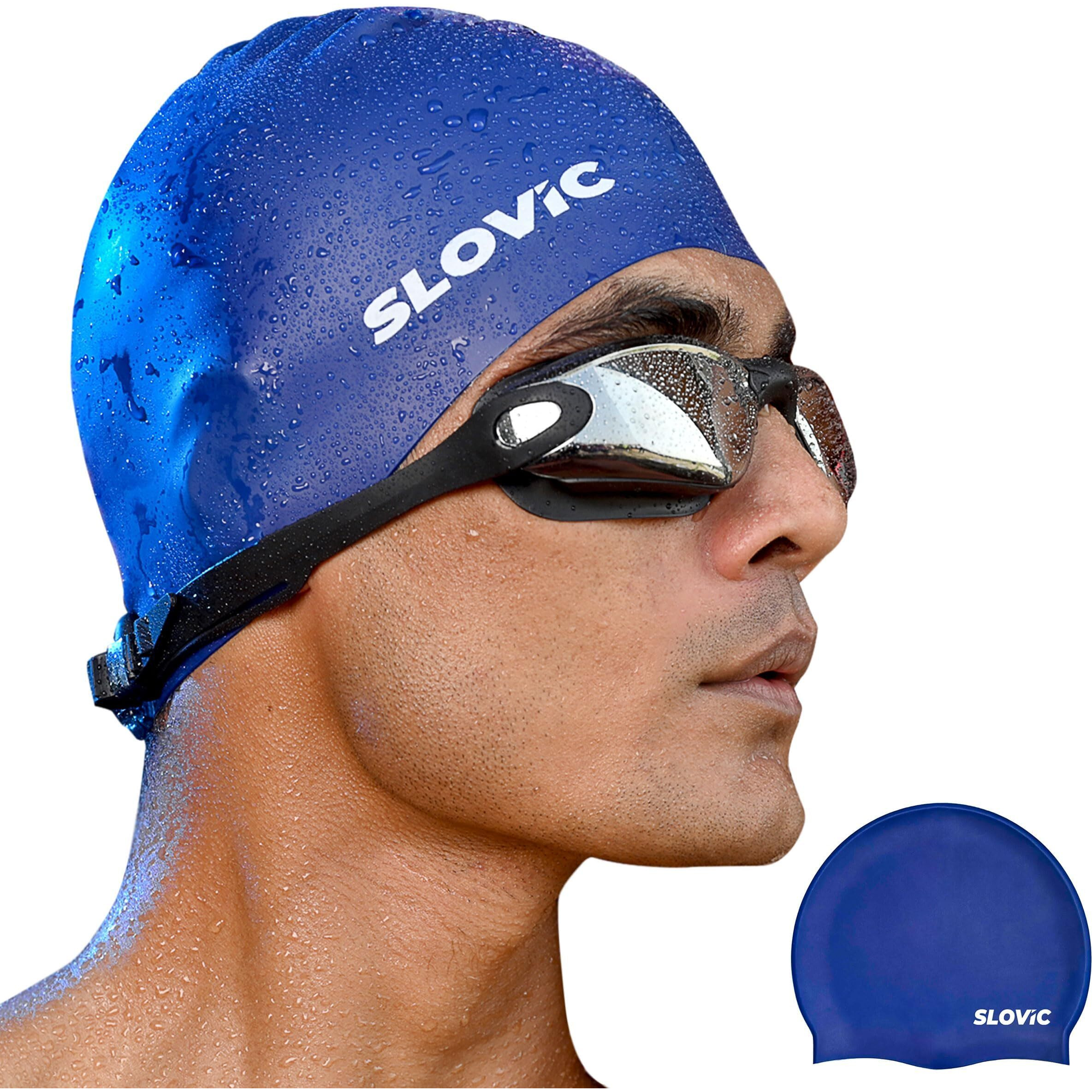 SLOVIC Blue Swimming Caps for Men and Women with Long Hair | Waterproof Cap for Swimming Silicone | Free-Size for Great Fit | No Hair Pulling | Prevents Chemical Damage