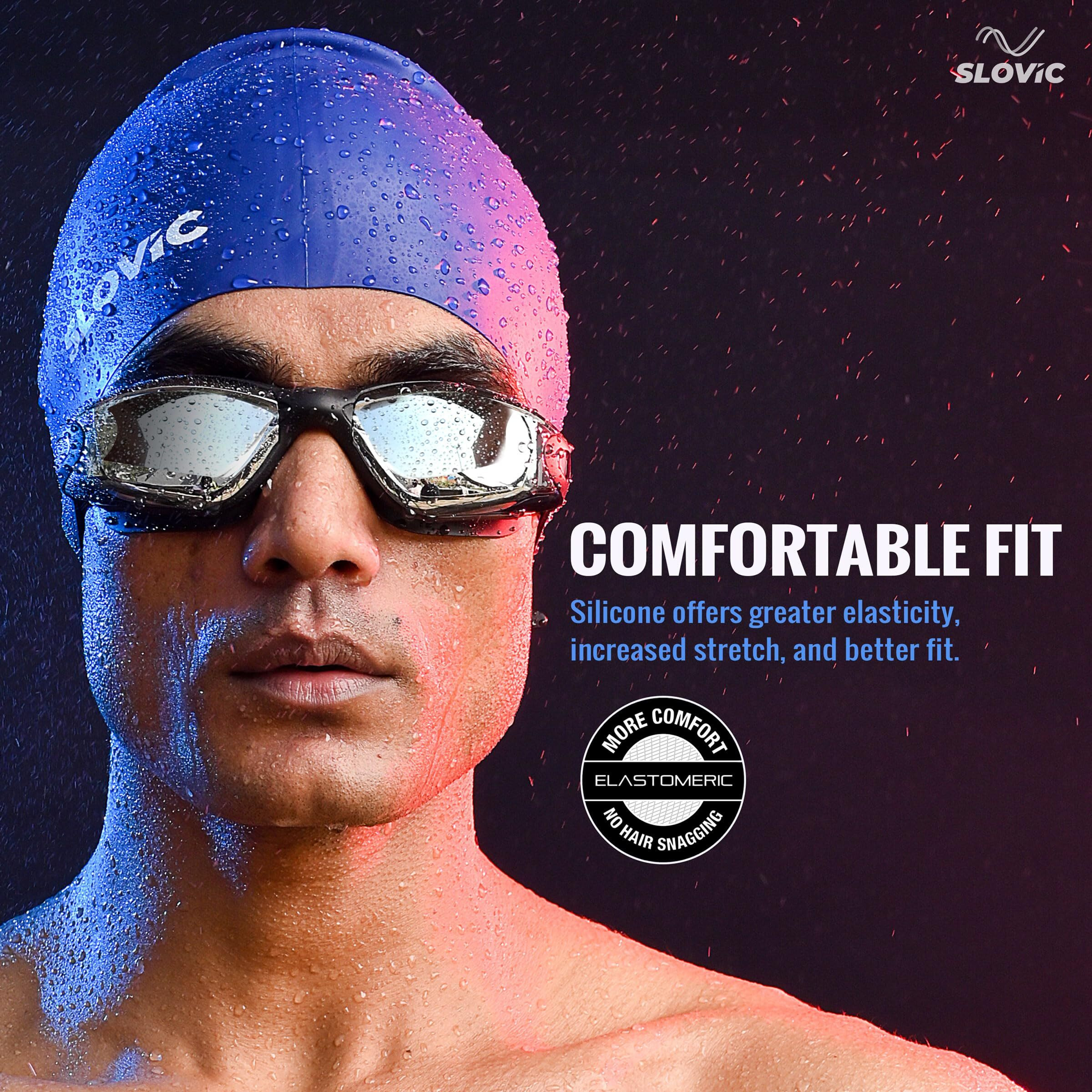 SLOVIC Blue Swimming Caps for Men and Women with Long Hair | Waterproof Cap for Swimming Silicone | Free-Size for Great Fit | No Hair Pulling | Prevents Chemical Damage