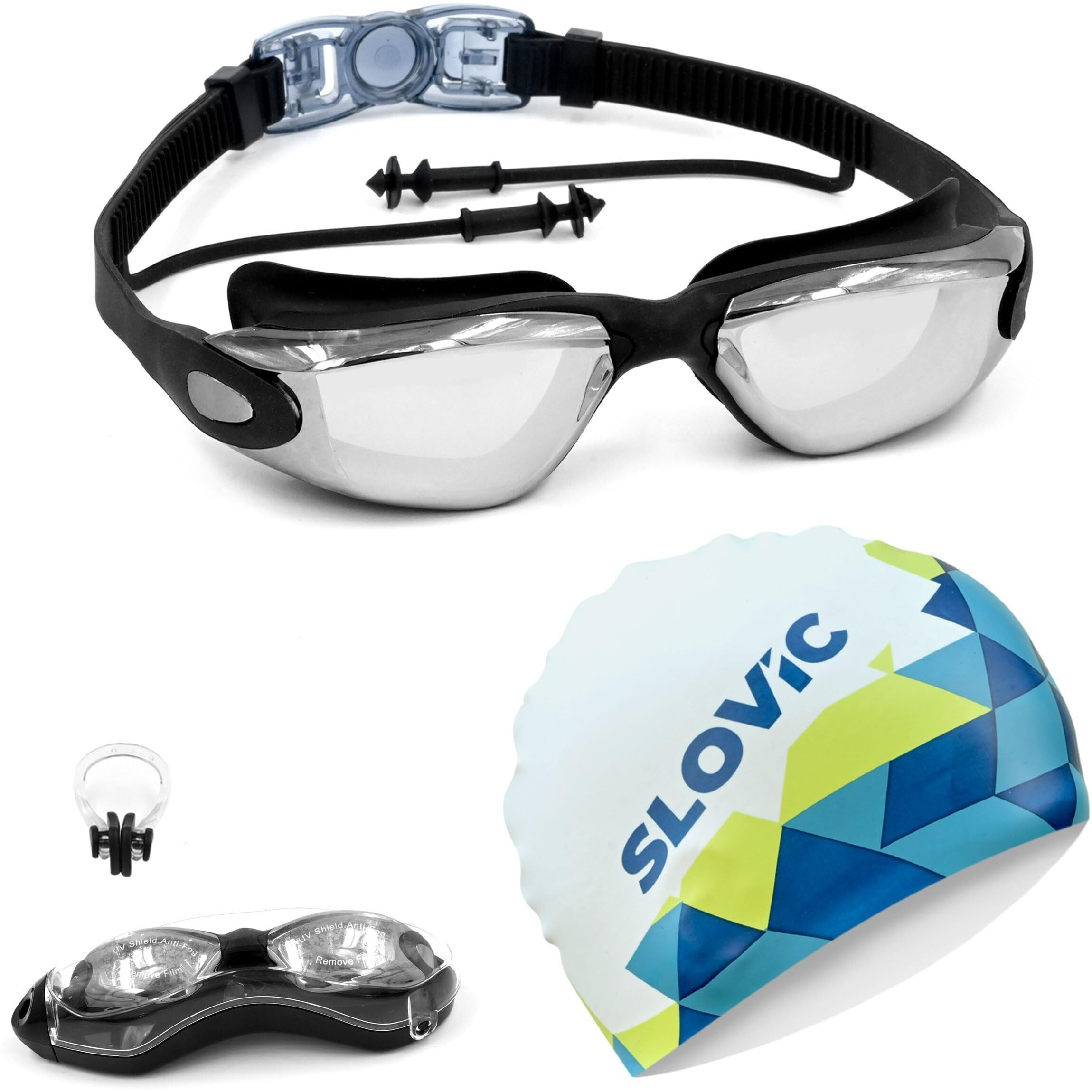 SLOVIC Black Swimming Goggles & White-Blue Printed Swimming Caps for Men & Women with Silicon Nose Bridge | Free Size Cap, UV-Protected Anti-Fog Glasses, Push-Button Strap with Ear Plugs & Nose Clip