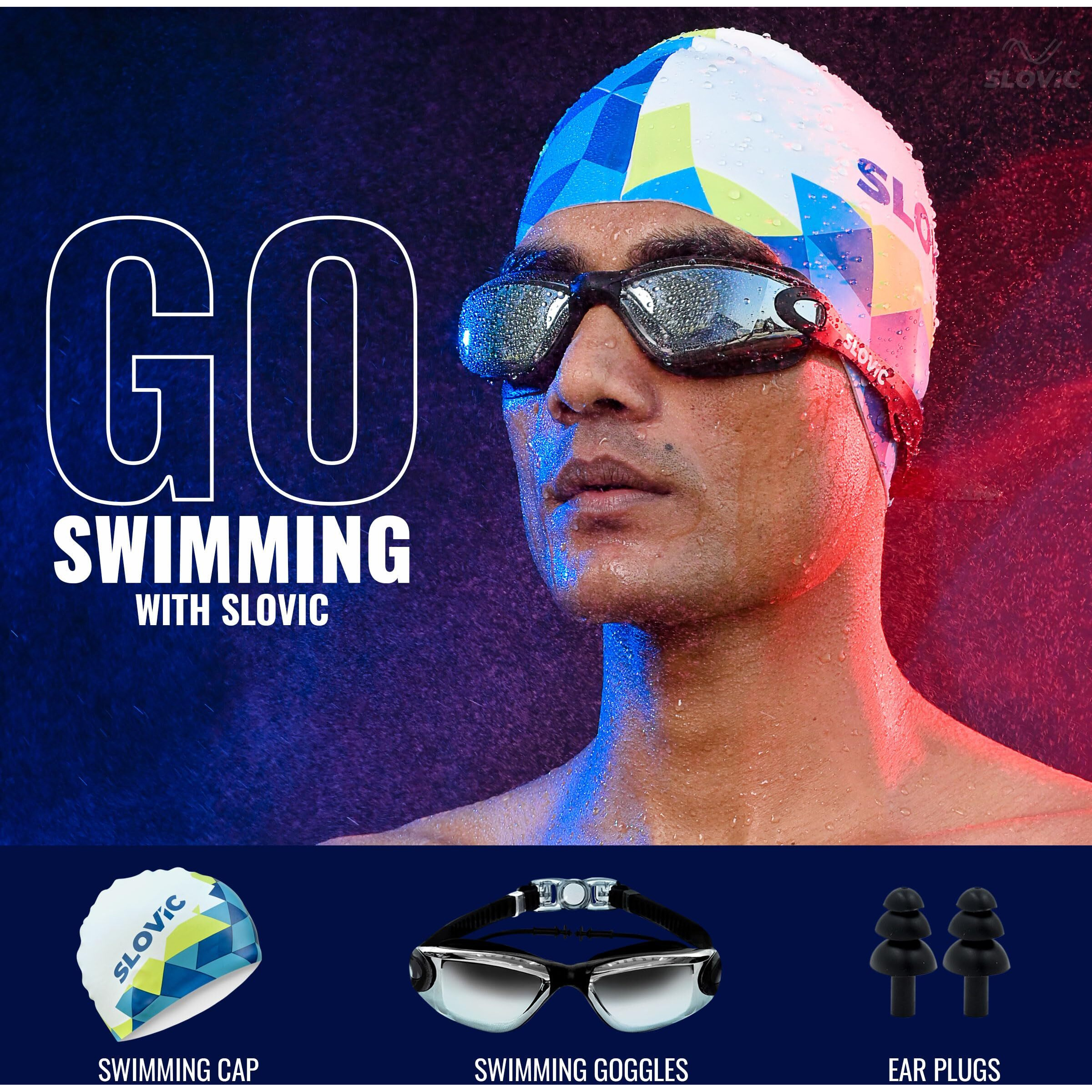 SLOVIC Black Swimming Goggles & White-Blue Printed Swimming Caps for Men & Women with Silicon Nose Bridge | Free Size Cap, UV-Protected Anti-Fog Glasses, Push-Button Strap with Ear Plugs & Nose Clip