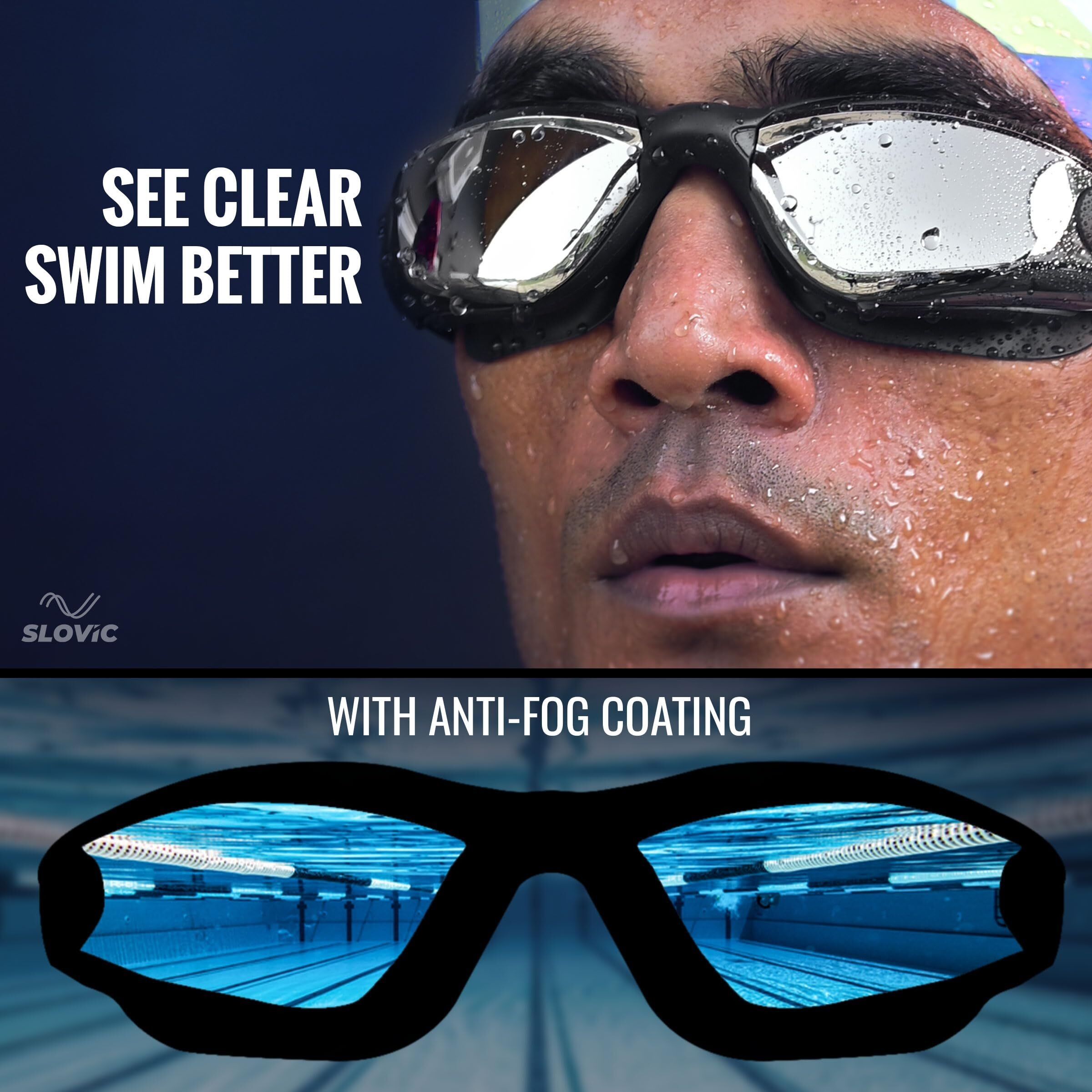 SLOVIC Black Swimming Goggles & White-Blue Printed Swimming Caps for Men & Women with Silicon Nose Bridge | Free Size Cap, UV-Protected Anti-Fog Glasses, Push-Button Strap with Ear Plugs & Nose Clip