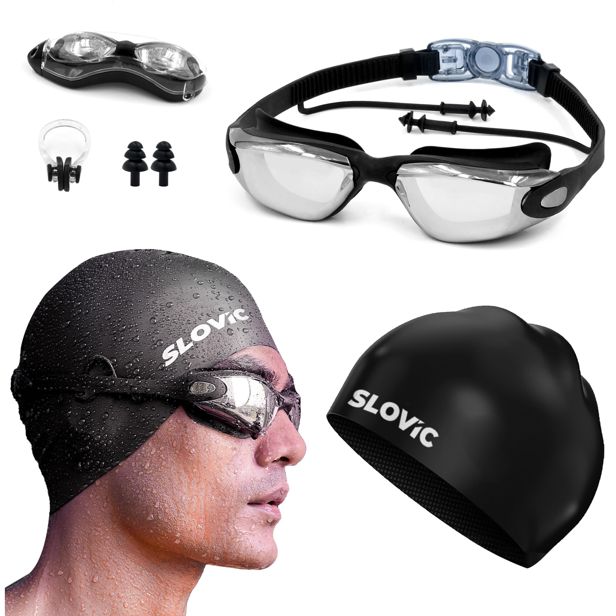 SLOVIC Black Swimming Goggles & Black Swimming Caps for Men & Women with Silicon Nose Bridge | Free Size Cap, UV-Protected Anti-Fog Glasses, Push-Button Strap with Ear Plugs & Nose Clip | Swimming Kit