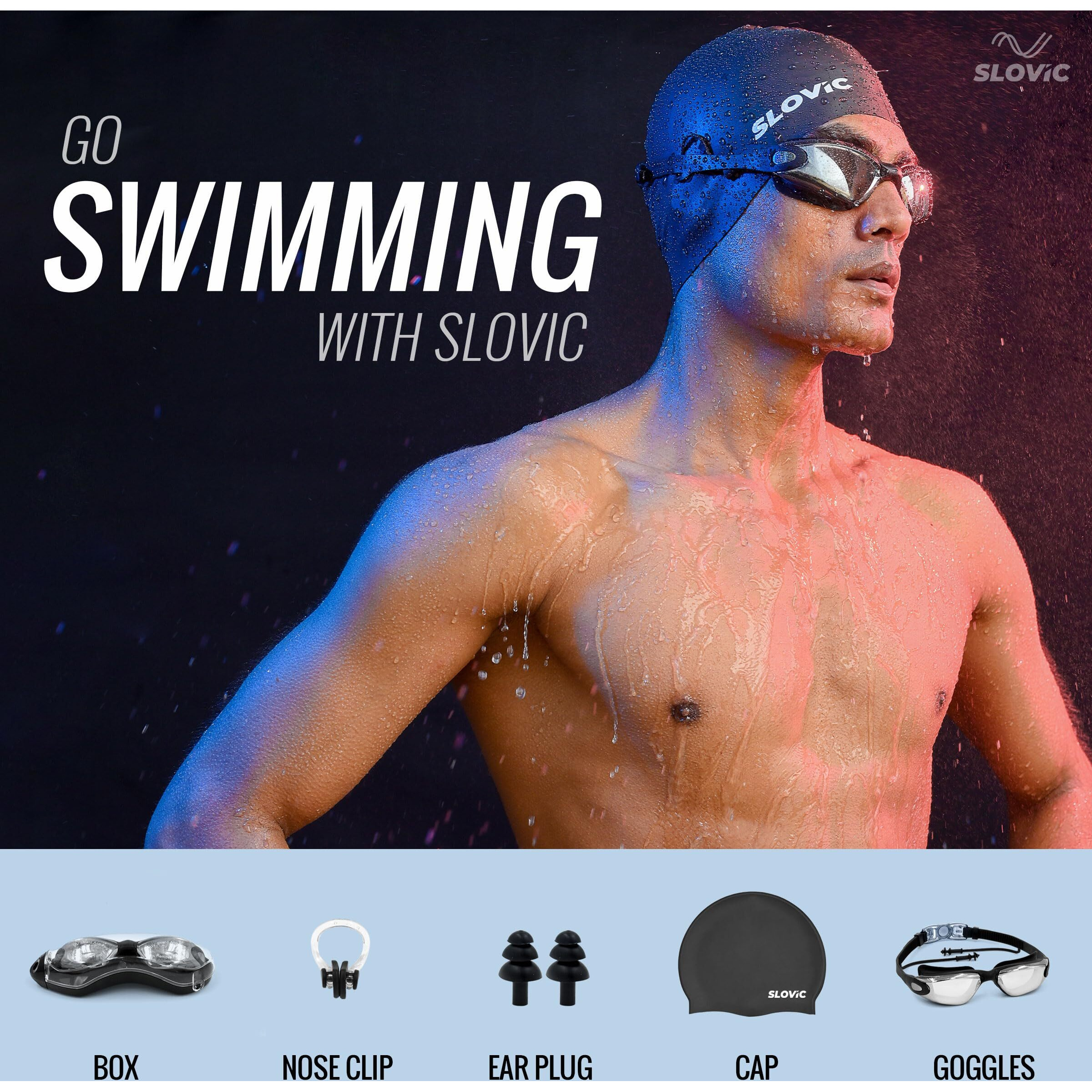 SLOVIC Black Swimming Goggles & Black Swimming Caps for Men & Women with Silicon Nose Bridge | Free Size Cap, UV-Protected Anti-Fog Glasses, Push-Button Strap with Ear Plugs & Nose Clip | Swimming Kit