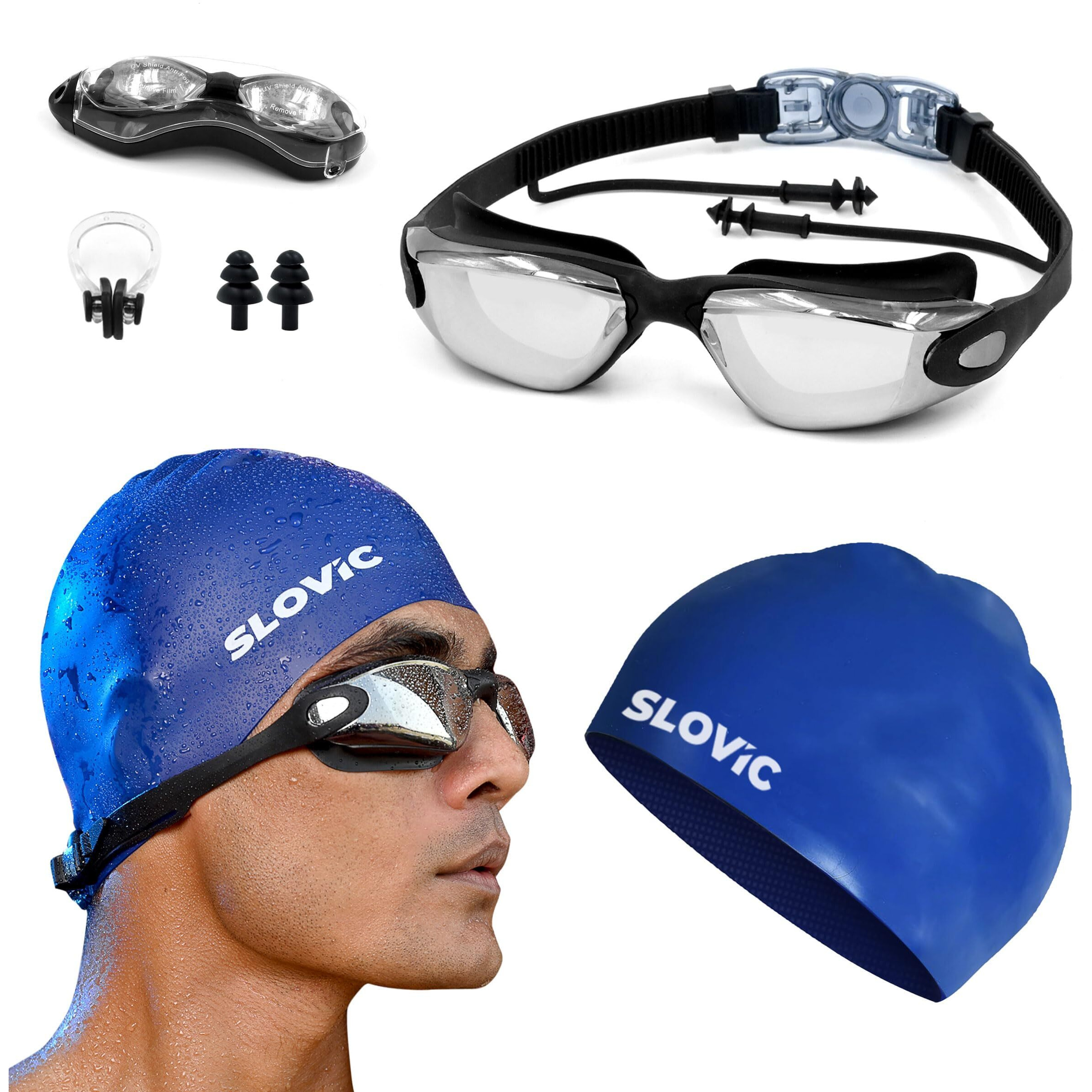 SLOVIC Black Swimming Goggles & Blue Swimming Caps for Men & Women with Silicon Nose Bridge | Free Size Cap, UV-Protected Anti-Fog Glasses, Push-Button Strap with Ear Plugs & Nose Clip - Swimming Kit
