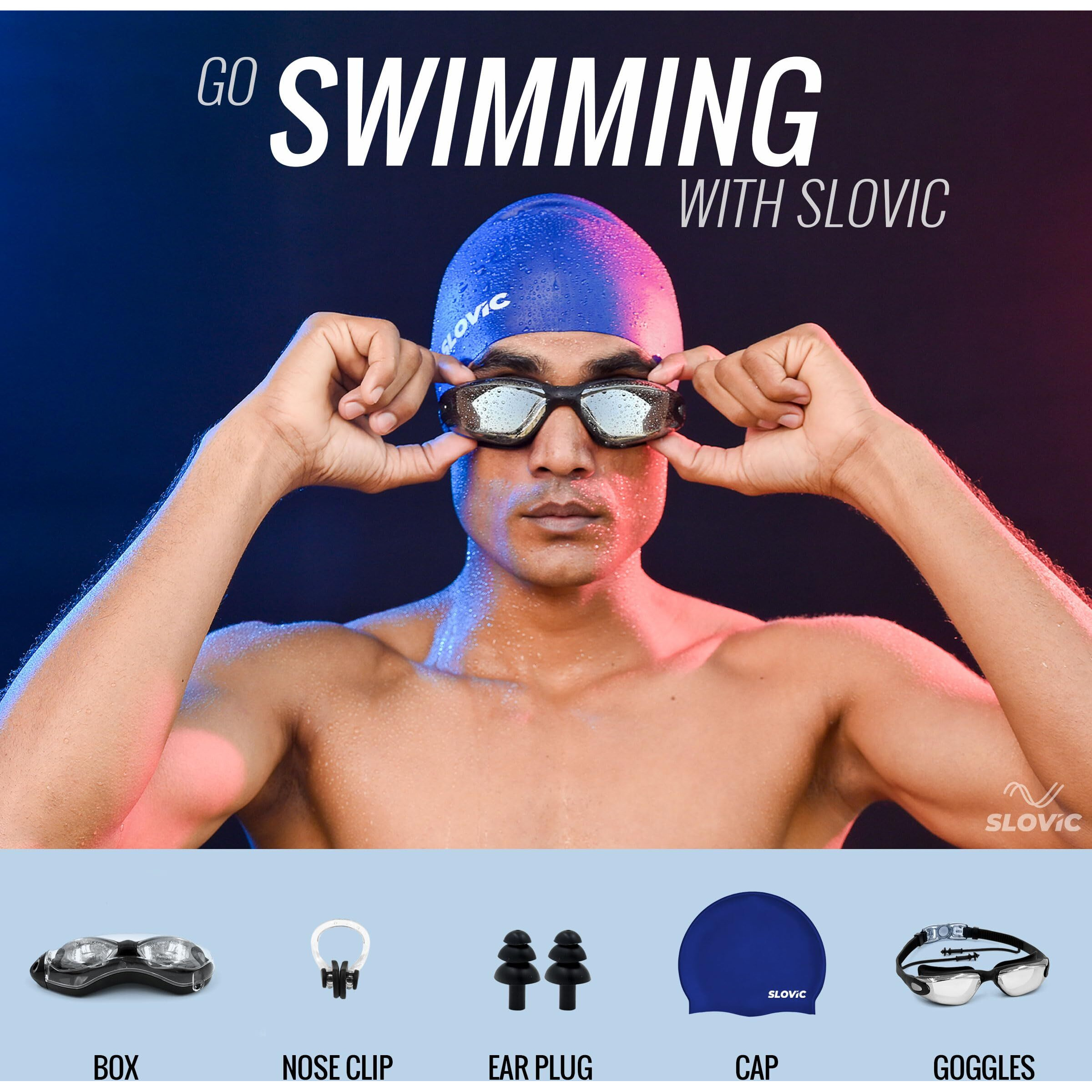 SLOVIC Black Swimming Goggles & Blue Swimming Caps for Men & Women with Silicon Nose Bridge | Free Size Cap, UV-Protected Anti-Fog Glasses, Push-Button Strap with Ear Plugs & Nose Clip - Swimming Kit