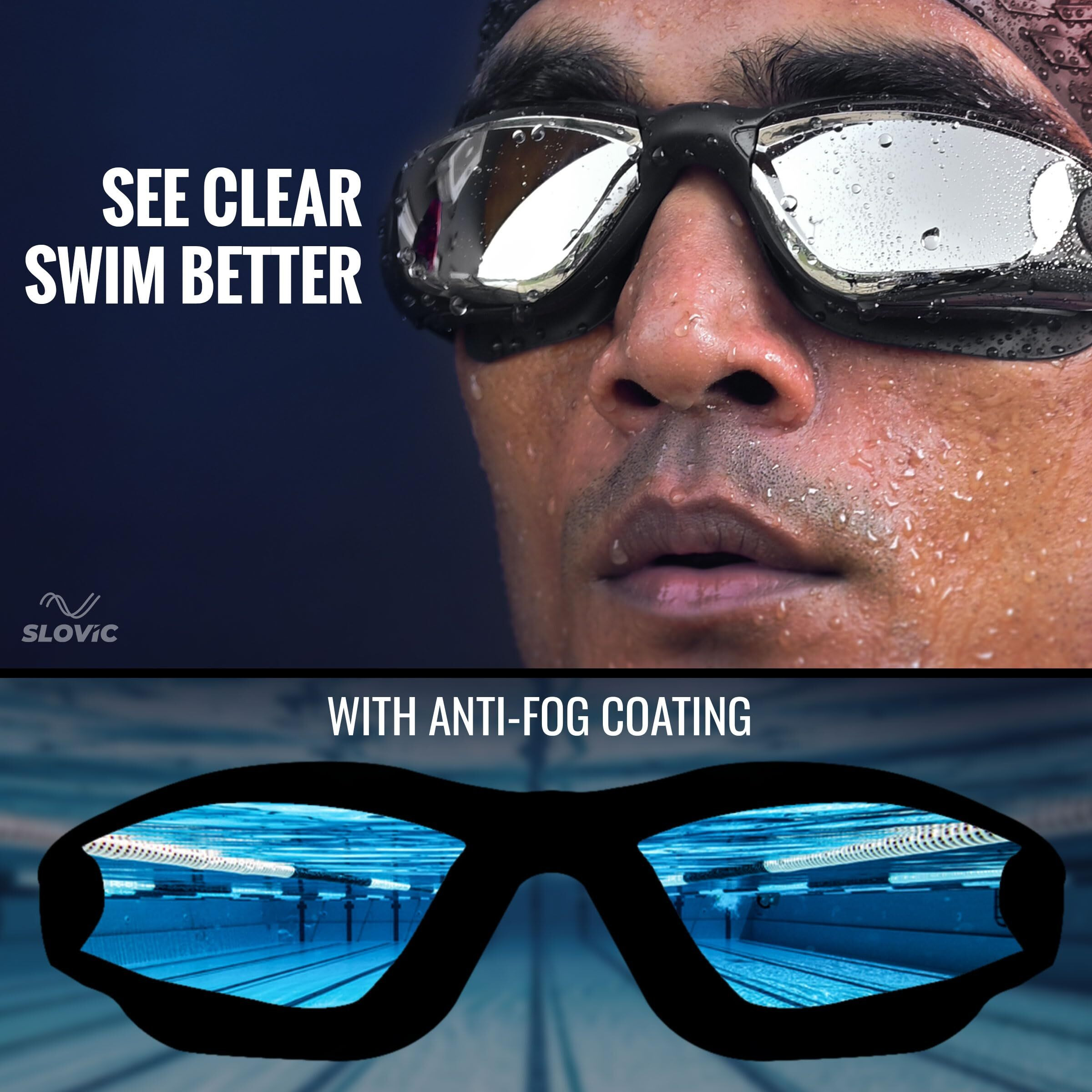 SLOVIC Black Swimming Goggles & Blue Swimming Caps for Men & Women with Silicon Nose Bridge | Free Size Cap, UV-Protected Anti-Fog Glasses, Push-Button Strap with Ear Plugs & Nose Clip - Swimming Kit