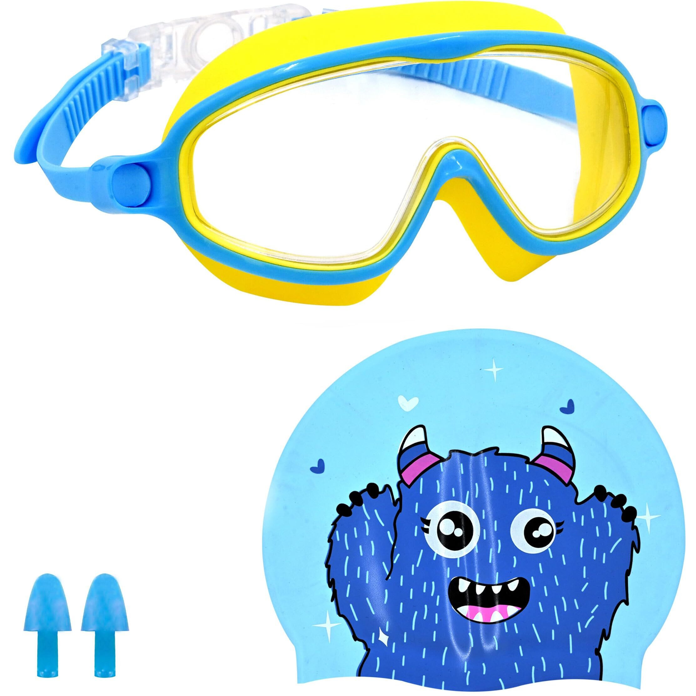 SLOVIC Yellow Goggles with Blue Bear Printed Swimming Caps for Kids | Waterproof | Anti-Fog Glasses for Boys & Girl | Swimming Caps for Kids 6-14 | No Hair Pulling | Free Size Cap