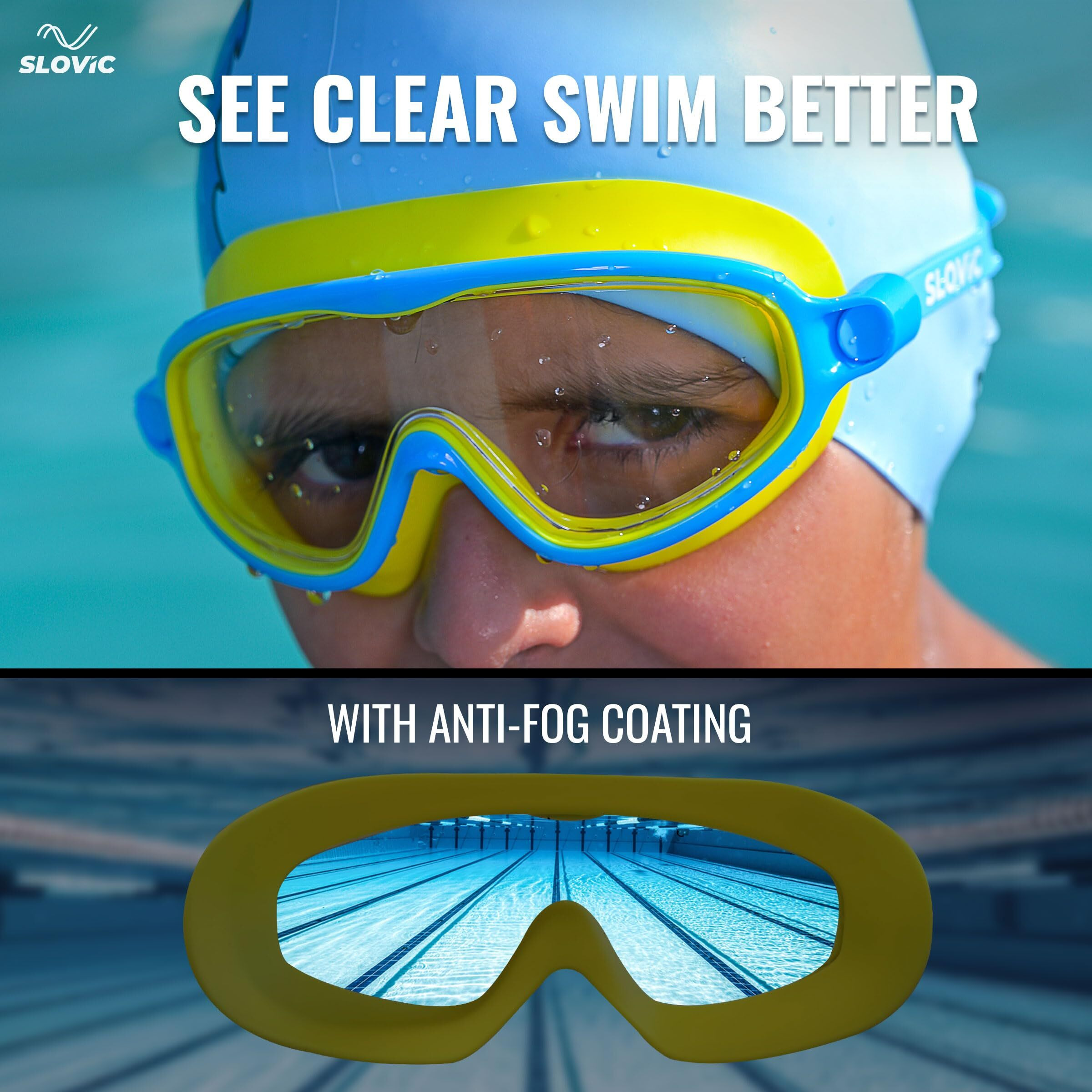 SLOVIC Yellow Goggles with Blue Bear Printed Swimming Caps for Kids | Waterproof | Anti-Fog Glasses for Boys & Girl | Swimming Caps for Kids 6-14 | No Hair Pulling | Free Size Cap