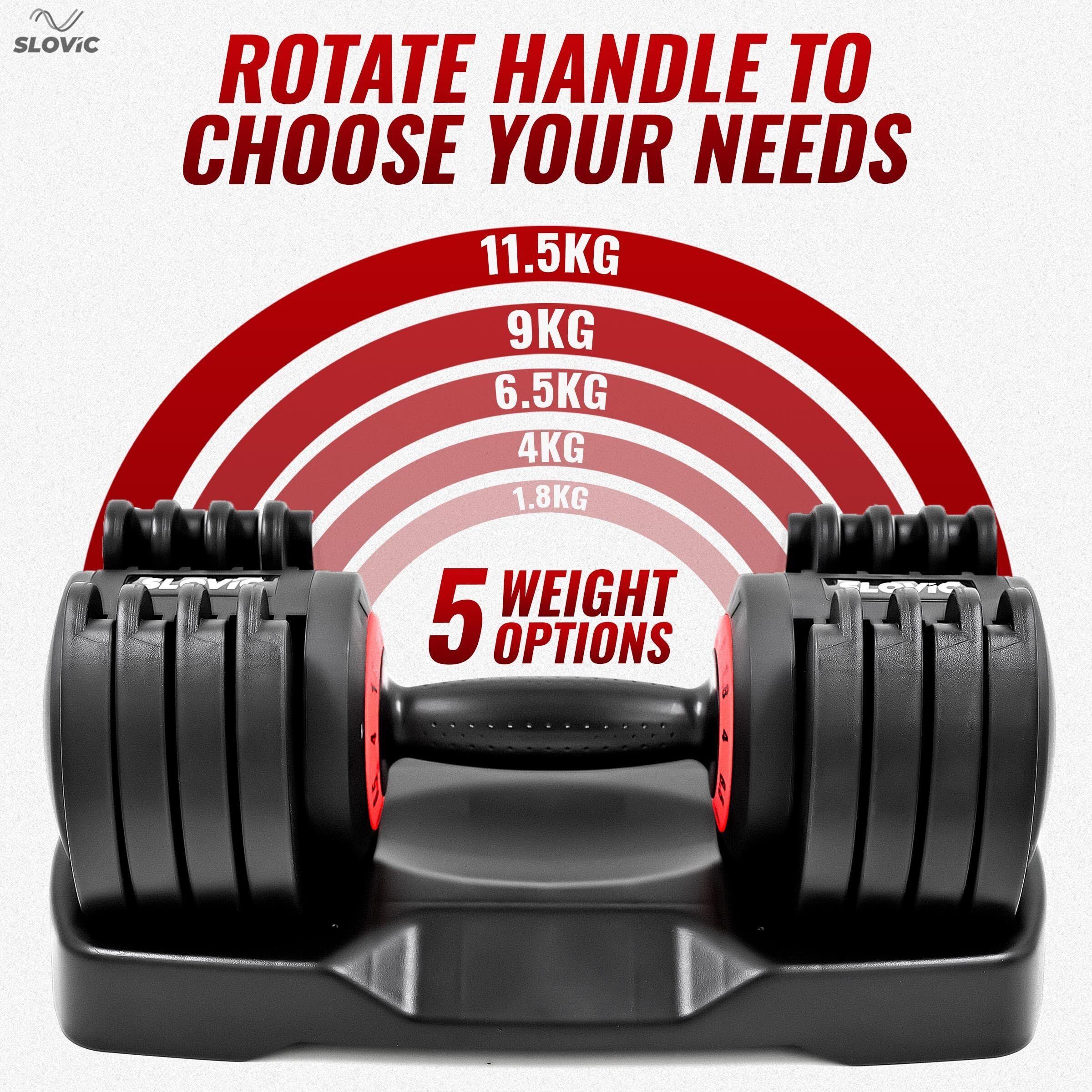 SLOVIC Adjustable Dumbbell Set for Home Gym | Dumbbell from 1.8 kg to 11.5 kg | 5 Weight Combinations for Fitness and Workouts | Safety Lock Tray | Metallic Shifting Mechanism | Pack of 1