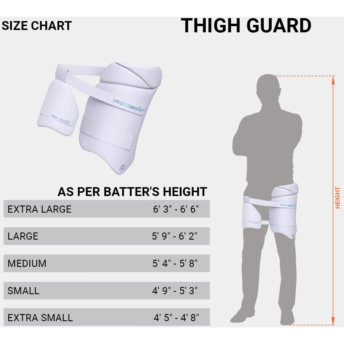 moonwalkr Thigh Guard 2.0 Protective Gear for Batters Height (54- 58) Cricket Thigh Pad Cricket Accessories & Equipment Safeguarding Both Your Outer and Inner Thighs White (Medium, Right Hand)