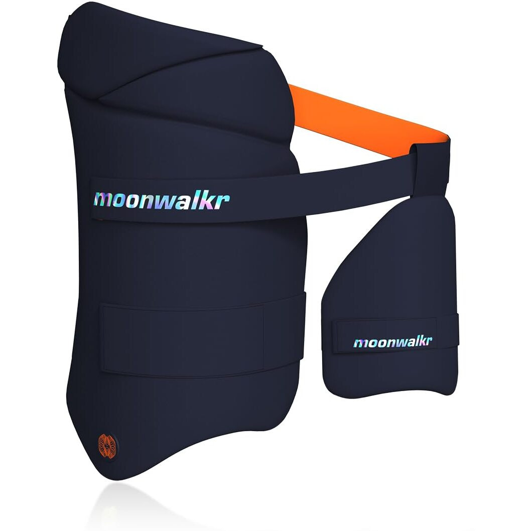 moonwalkr Thigh Guard 2.0 Protective Gear for Batters Height (49- 53) Cricket Thigh Pad Cricket Accessories & Equipment Safeguarding Both Your Outer and Inner Thighs Blue (Small, Left Hand)