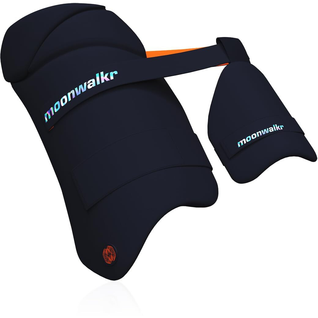 moonwalkr Thigh Guard 2.0 Protective Gear for Batters Height (49- 53) Cricket Thigh Pad Cricket Accessories & Equipment Safeguarding Both Your Outer and Inner Thighs Blue (Small, Left Hand)