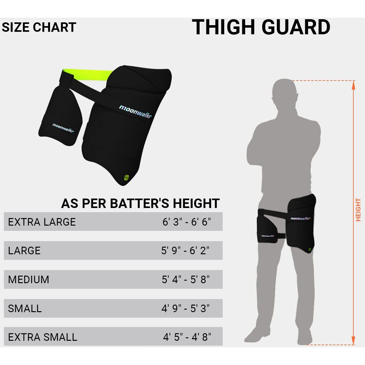 moonwalkr Thigh Guard 2.0 Protective Gear for Batters Height (45- 48) Cricket Thigh Pad Cricket Accessories & Equipment Safeguarding Both Your Outer and Inner Thighs Black (XS, Right Hand)