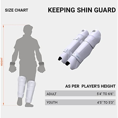 moonwalkr Cricket Keeping Shin Guards Wicket Keeper Pads Protective Gear for Batter s Height (4 5  - 5 3 ) Cricket Wicket Keeping Pads Super Slim Gear Comes with a 3-inch Strap (White, Youth)
