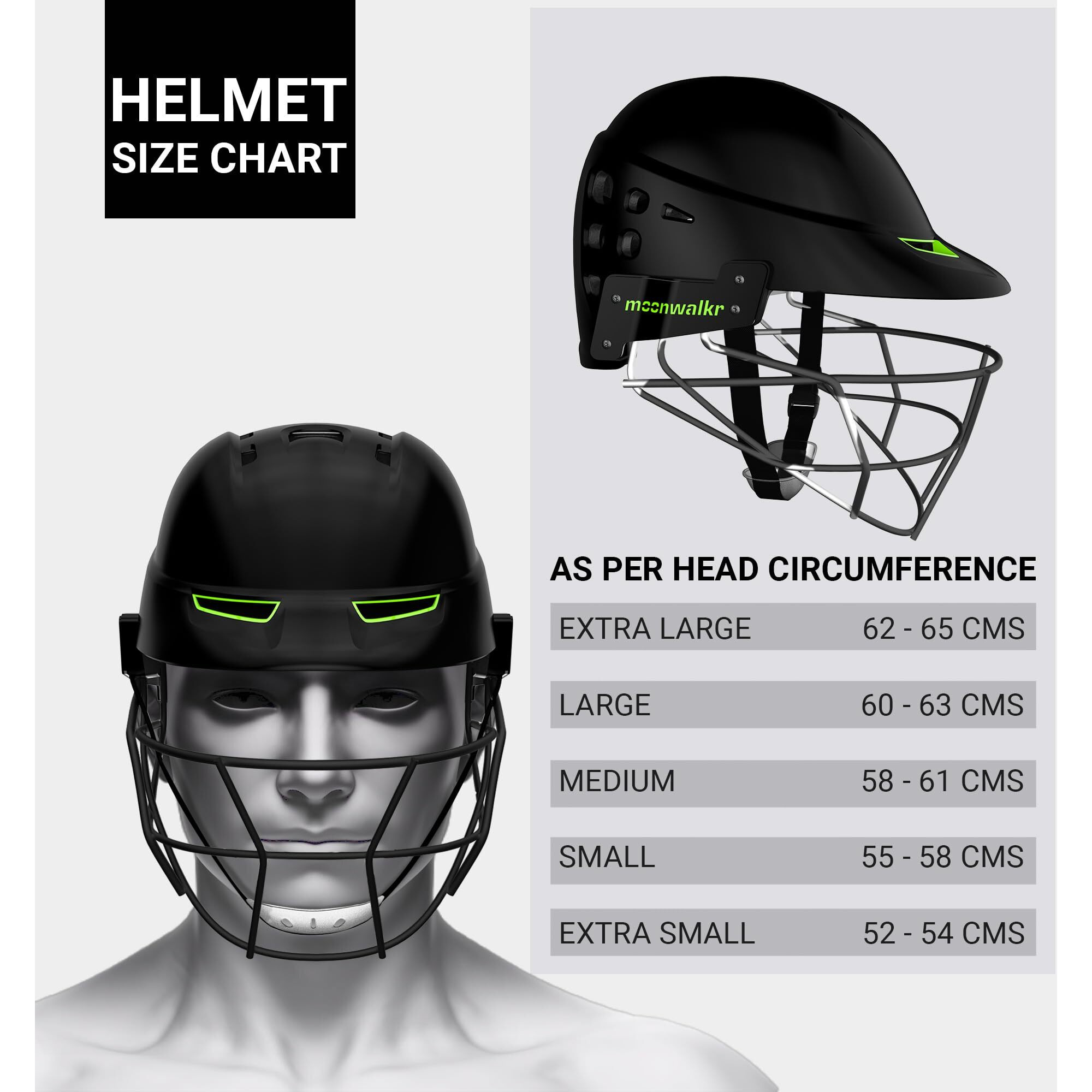 moonwalkr Mind 2.0 Cricket Helmet Head Guard for (52-54)CM Head Size Protective Gear Kids Helmet with 30 air vents & Endure Impacts up to 160 kmph Batting Helmet & Helmet for Cricket (X-Small, Black)