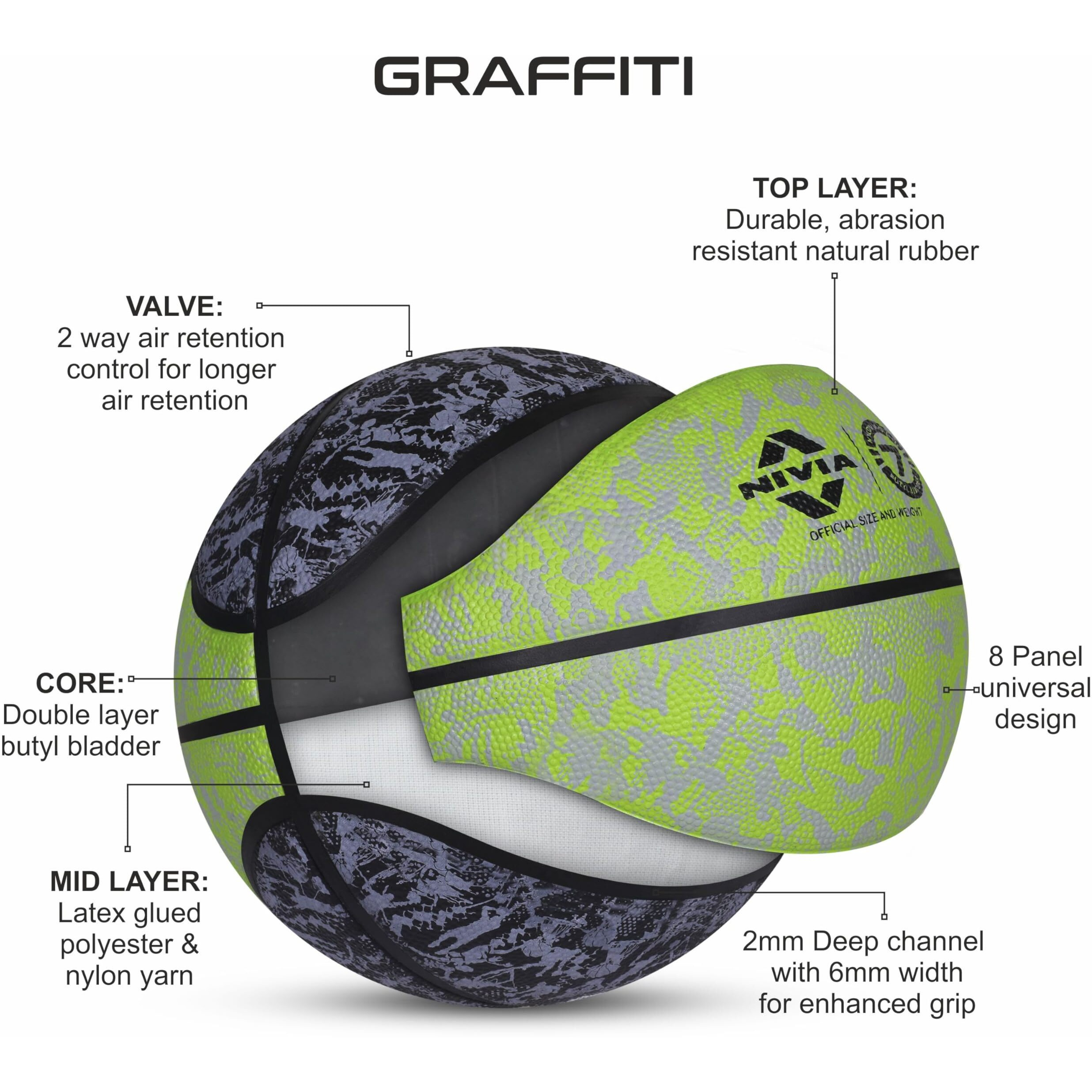 Nivia Graffiti Basketball/Material Rubber/Rubberized Moulded/Panel 8/Suitable for Indoors Matches/Size - 7 (Black/Green)