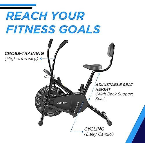 Reach AB 110 BS Upright Air Bike with Back Support & Moving/ Stationary Handle | Mobile Holder at Display & Resistance Knob | Max User Weight 110 Kg | Fitness Equipment for Home/ Gym Cardio Workout