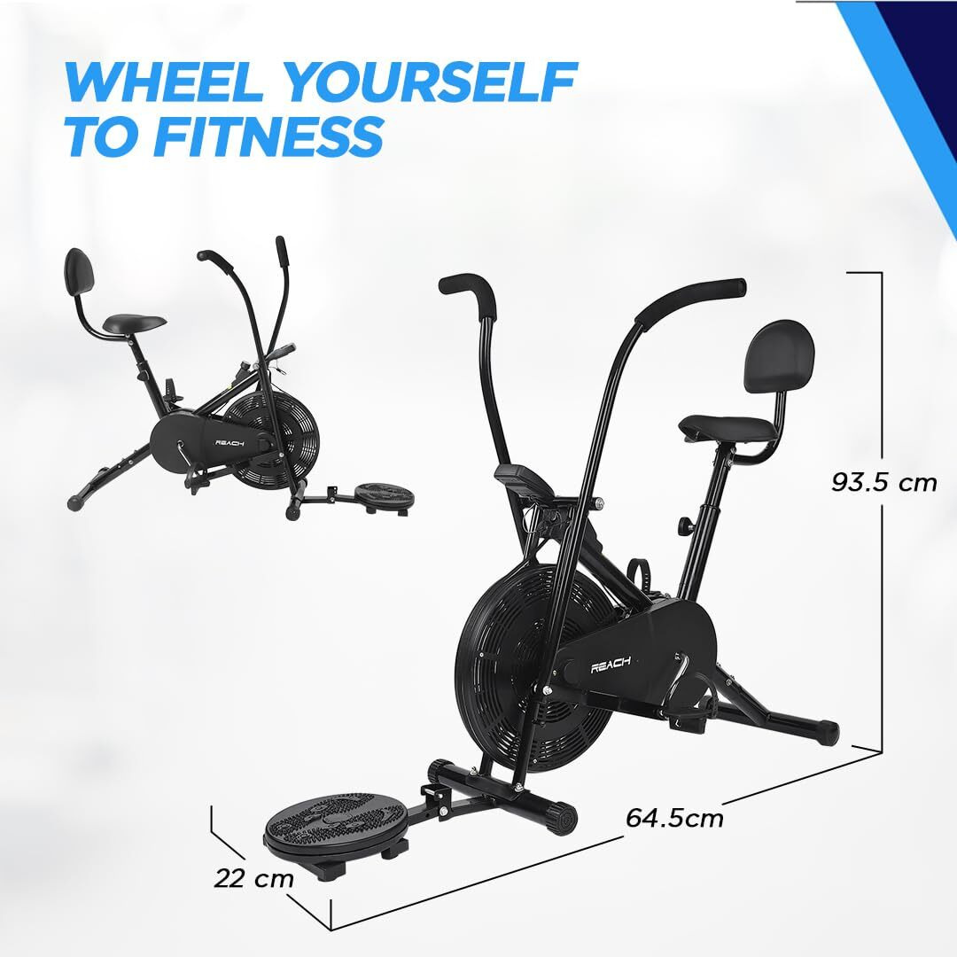 Reach AB-110 BST Air Bike Exercise Cycle with Moving or Stationary Handle | with Back Support Seat & Twister | Adjustable Resistance | Fitness Cycle for Home Gym