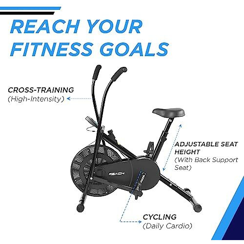 Reach AB 110 Upright Air Bike with Moving/ Stationary Handle | Adjustable Resistance with Cushioned Seat | Max User Weight 110 Kg | Exercise Fitness Cycle | Cardio Equipment Machine | Home Gym Workout
