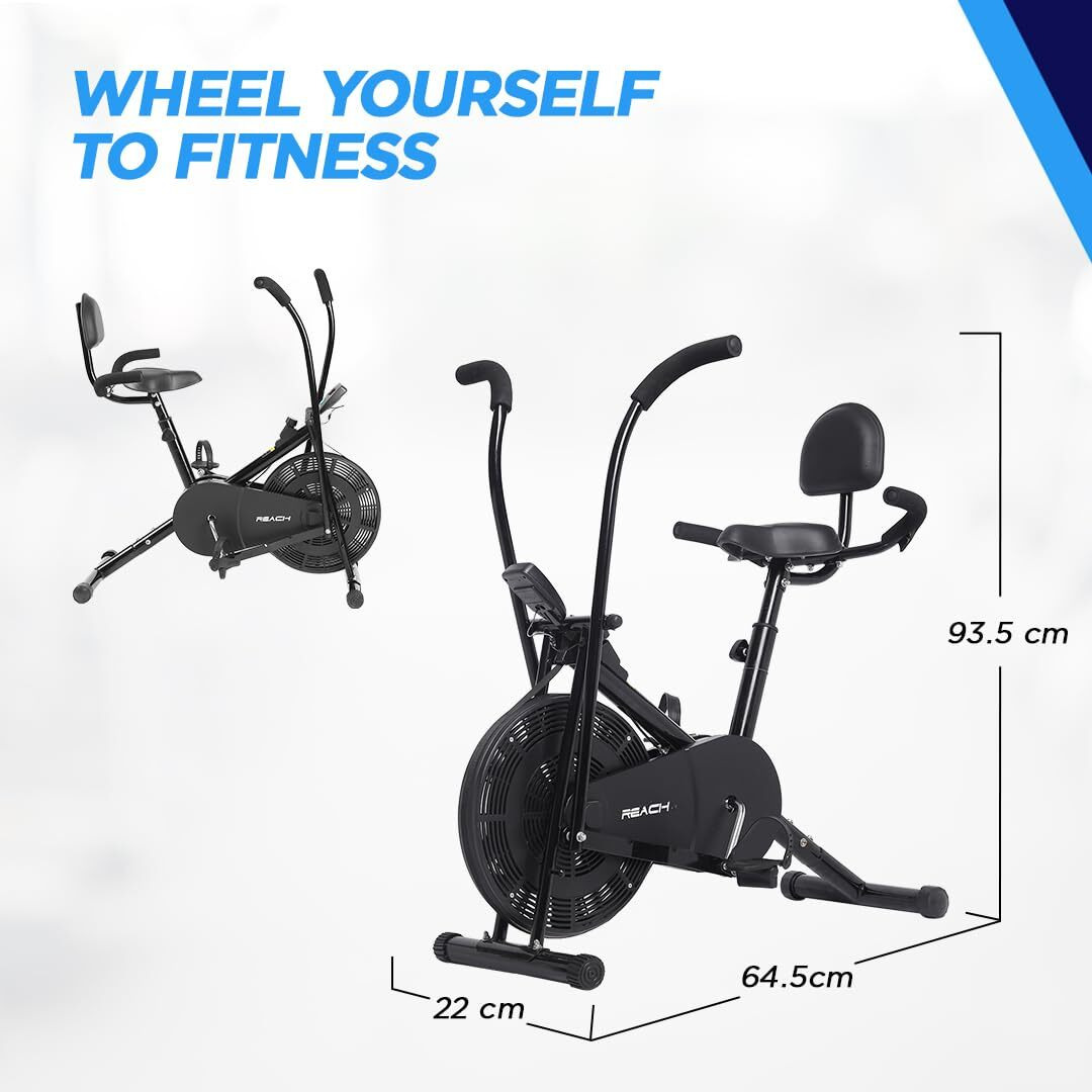 Reach AB 110 BH Upright Exercise Bike with Back Support & Seat Handle | Adjustable Resistance, Cushioned Seat with Moving/ Stationary Handles | Max User Weight 110 Kg | Fitness Cycle for Home Workout