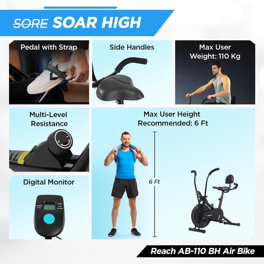 Reach AB 110 BH Upright Exercise Bike with Back Support & Seat Handle | Adjustable Resistance, Cushioned Seat with Moving/ Stationary Handles | Max User Weight 110 Kg | Fitness Cycle for Home Workout