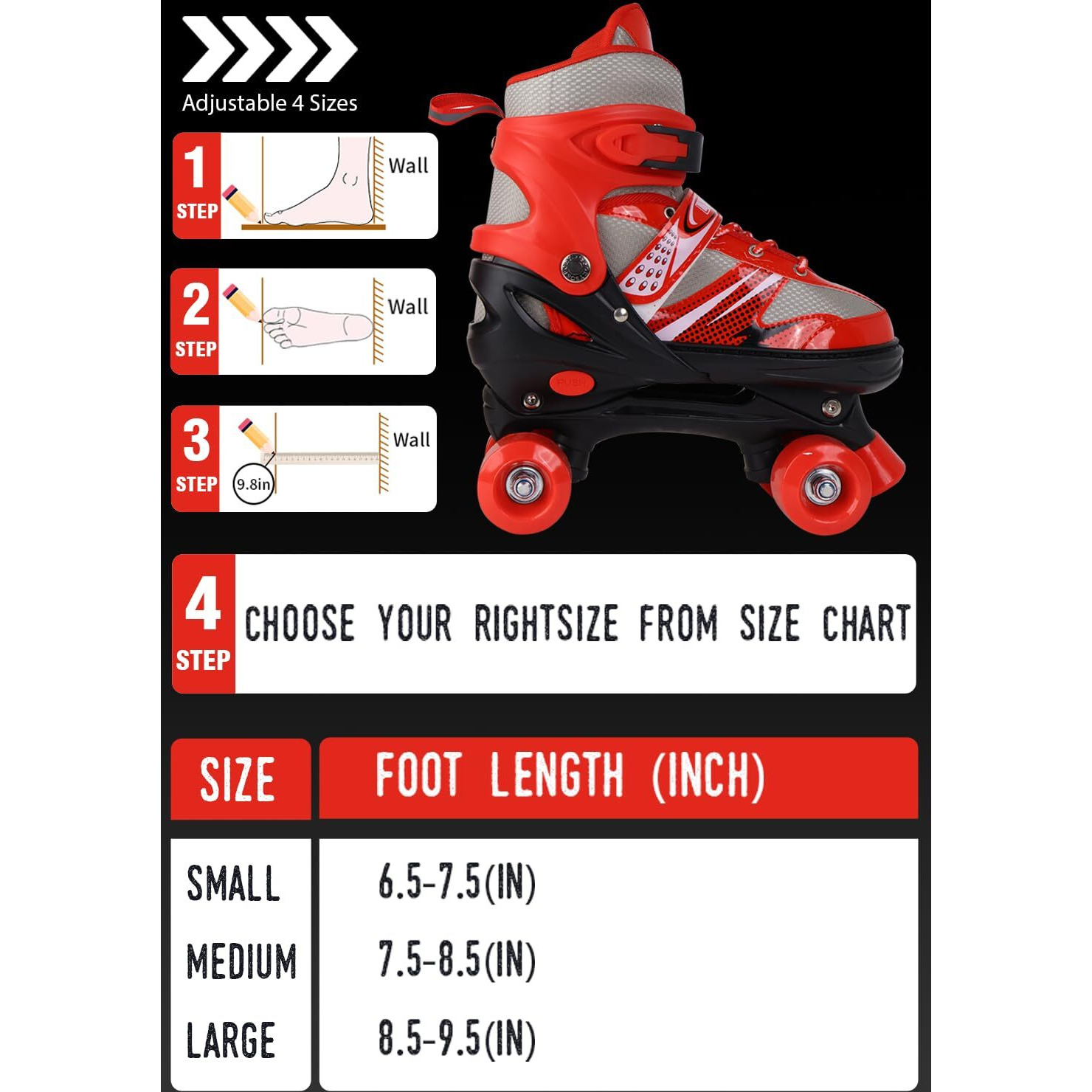 Lyrovo Adjustable Roller Skates With Break For Kids, Girls And Boys (M, Red), Rollerderbywheel