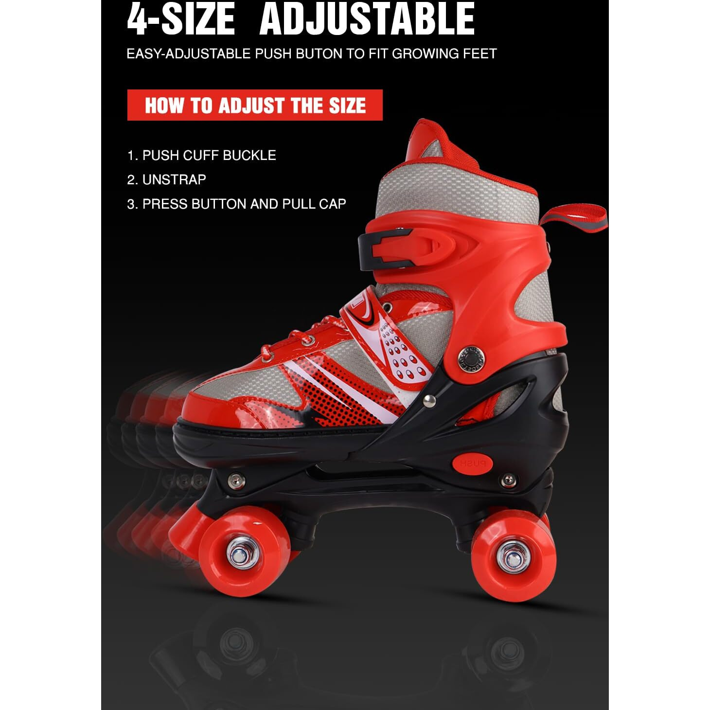 Lyrovo Adjustable Roller Skates With Break For Kids, Girls And Boys (M, Red), Rollerderbywheel