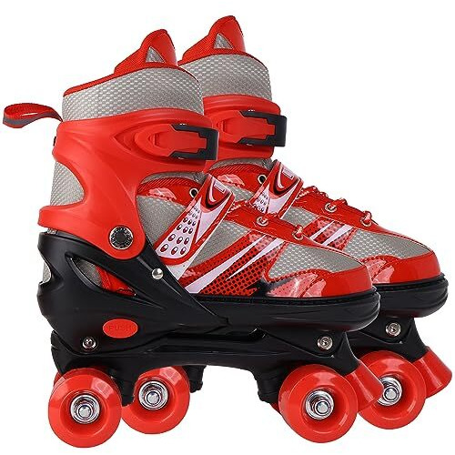 Lyrovo Adjustable Roller Skates With Break For Kids, Girls And Boys (L, Red), Rollerderbywheel