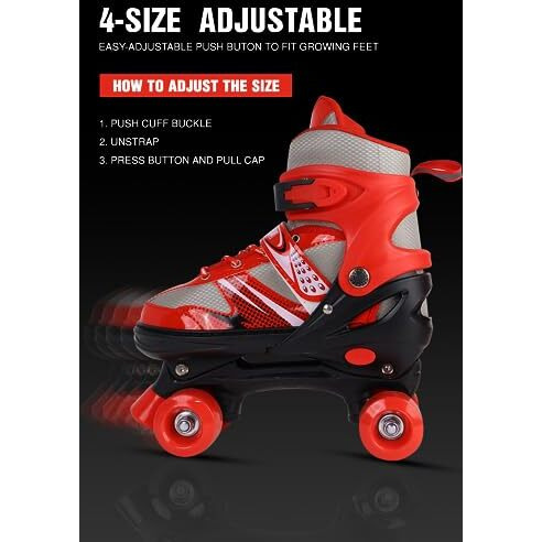 Lyrovo Adjustable Roller Skates With Break For Kids, Girls And Boys (L, Red), Rollerderbywheel