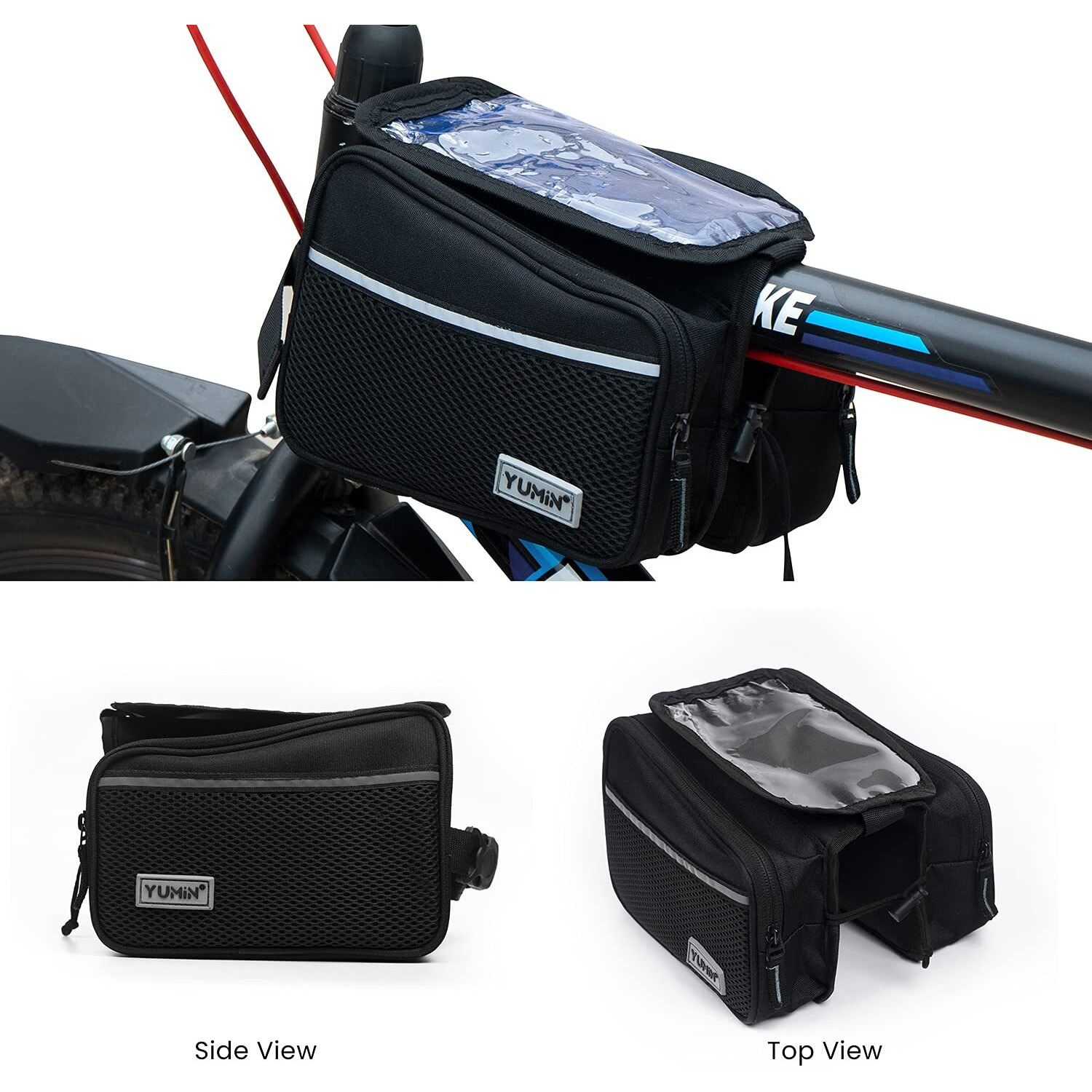 Yumin Polyester Bicycle Double Sided Handlebar Front Frame/Tube Bag with Waterproof Touch Screen Bicycle Pouch Mobile Phone Holder, Cycle Accessories, Black