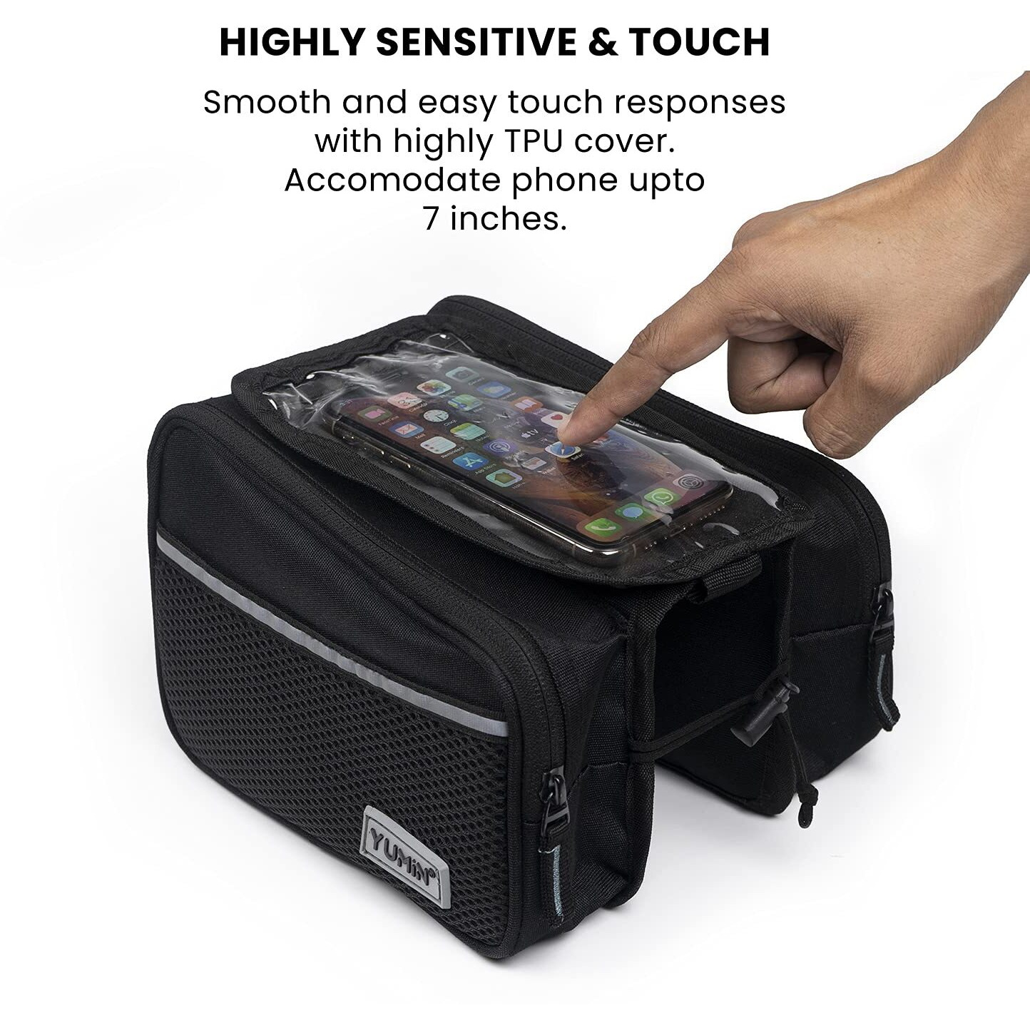 Yumin Polyester Bicycle Double Sided Handlebar Front Frame/Tube Bag with Waterproof Touch Screen Bicycle Pouch Mobile Phone Holder, Cycle Accessories, Black