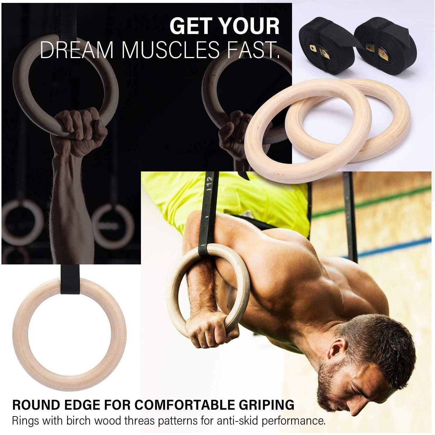 SHOPOFLUX Gymnastic Wooden Rings with Heavy Duty Adjustable Strap | Roman Rings Perfect for Calisthenics Competition and Conditioning Training