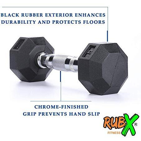 RUBX Rubber Coated Professional Exercise Hex Dumbbells (Pack Of 2) 5 Kg X 2Pc (Total  10 Kg), Silver