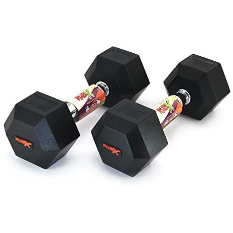 RUBX Rubber Coated Professional Exercise Hex Dumbbells (Pack Of 2) 10 Kg X 2Pc (Total  20 Kg), Black