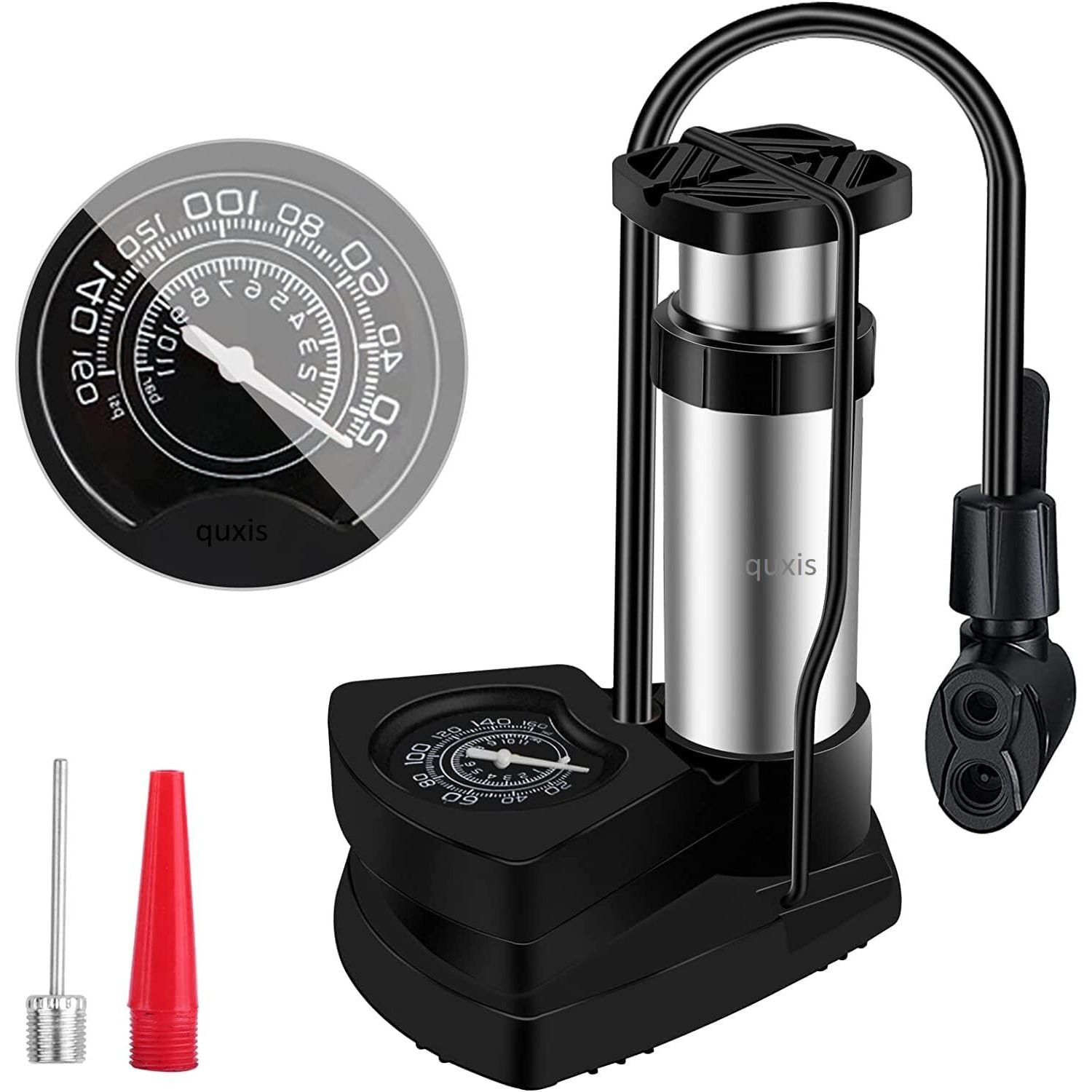 Quxis Portable High-Pressure Foot Air Cycle Pump | Easy-to-Read Dial | Heavy Compressor Cylinder with Pressure Gauge | Floor Pump for Motorbike/Cars/Bicycle/Football (Black)