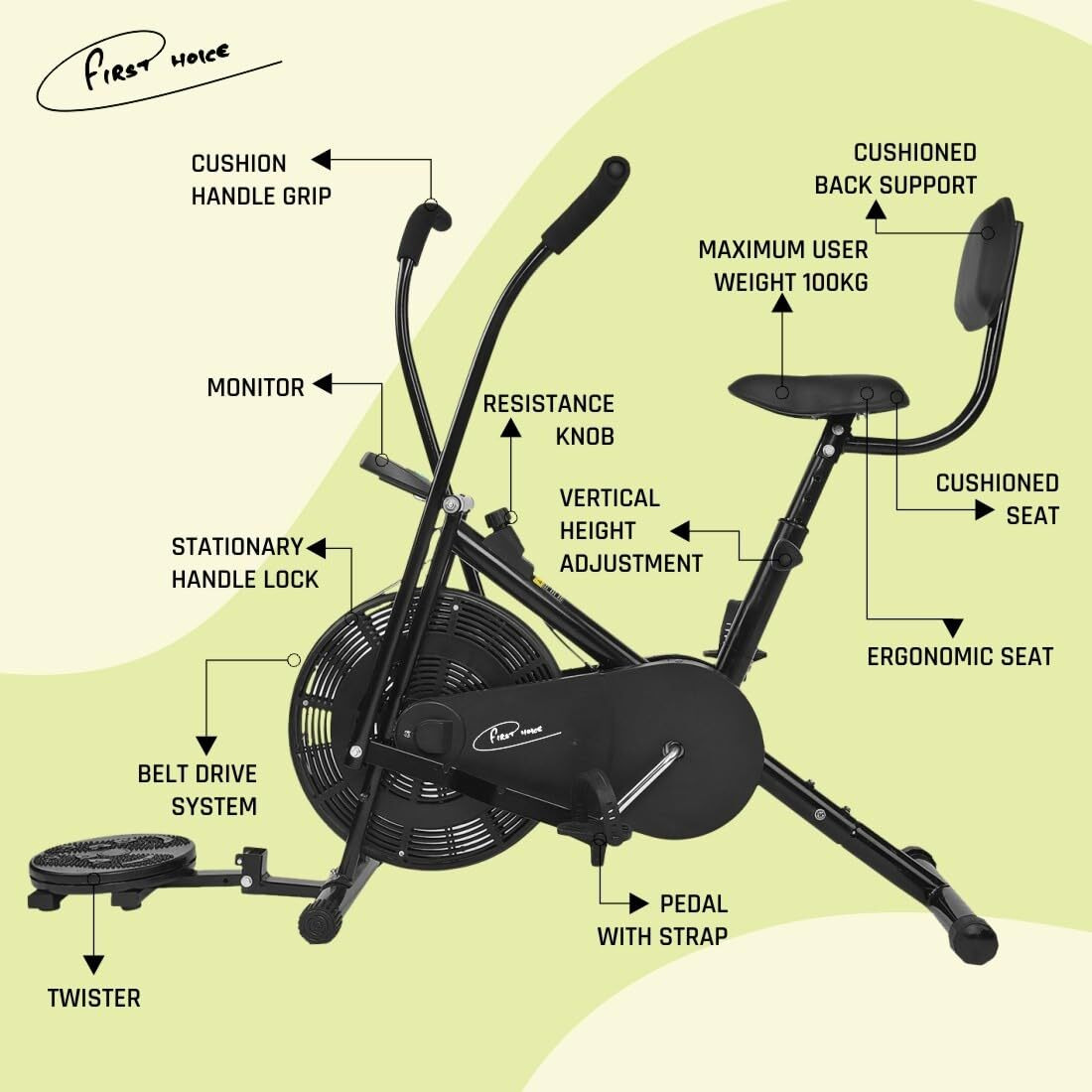 FIRST CHOICE FC-110 BST Air Bike Exercise Cycle with Moving or Stationary Handle | with Back Support Seat & Twister | Adjustable Resistance | Fitness Cycle for Home Gym