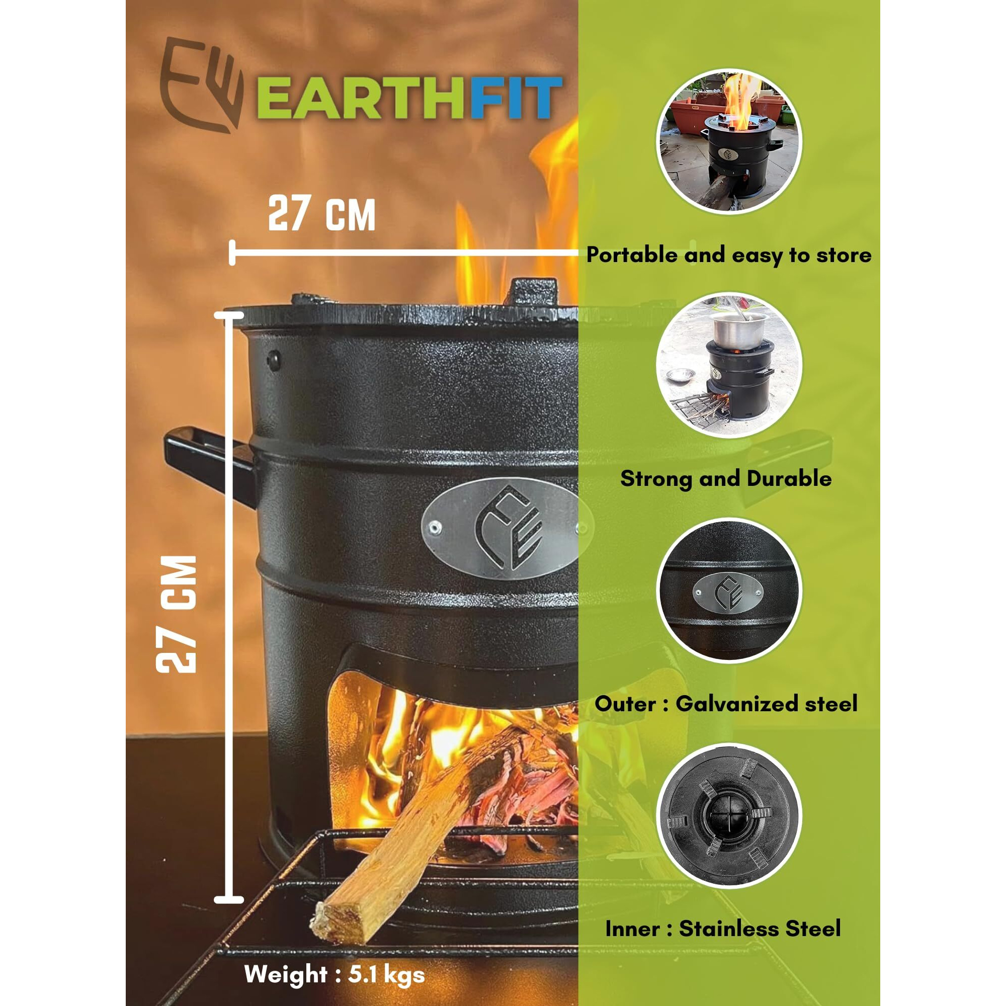 Earthfit ARJUN Less Smoke wood stove for Home & Outdoor camping Cooking - Biomass Stove Smokeless - Desi iron chulha for wood cooking Cookstove
