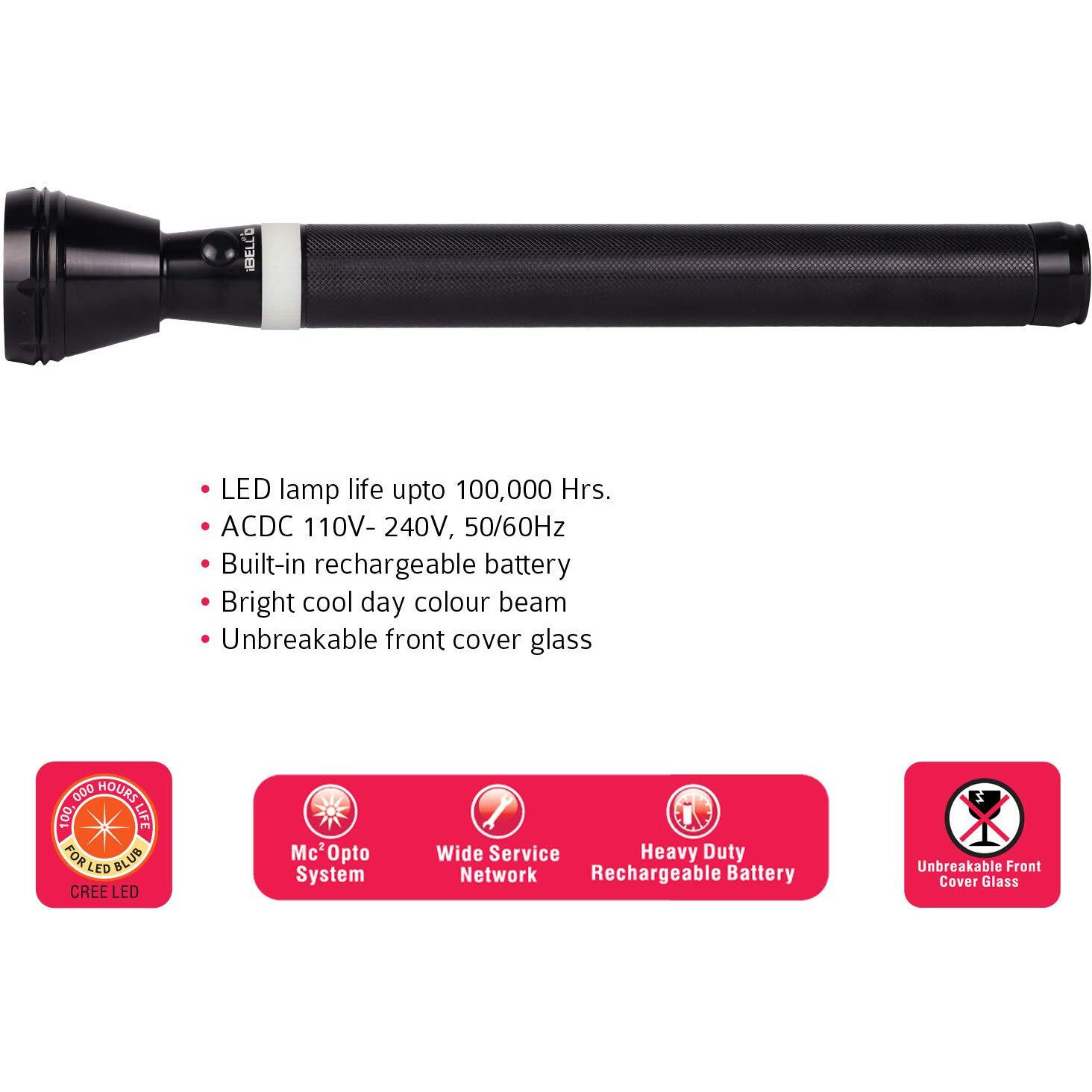 IBELL FL8389 Rechargeable Flashlight Torch, Ultra Long Beam Range, Aircraft Aluminium Body, Super Bright LED Light, Black