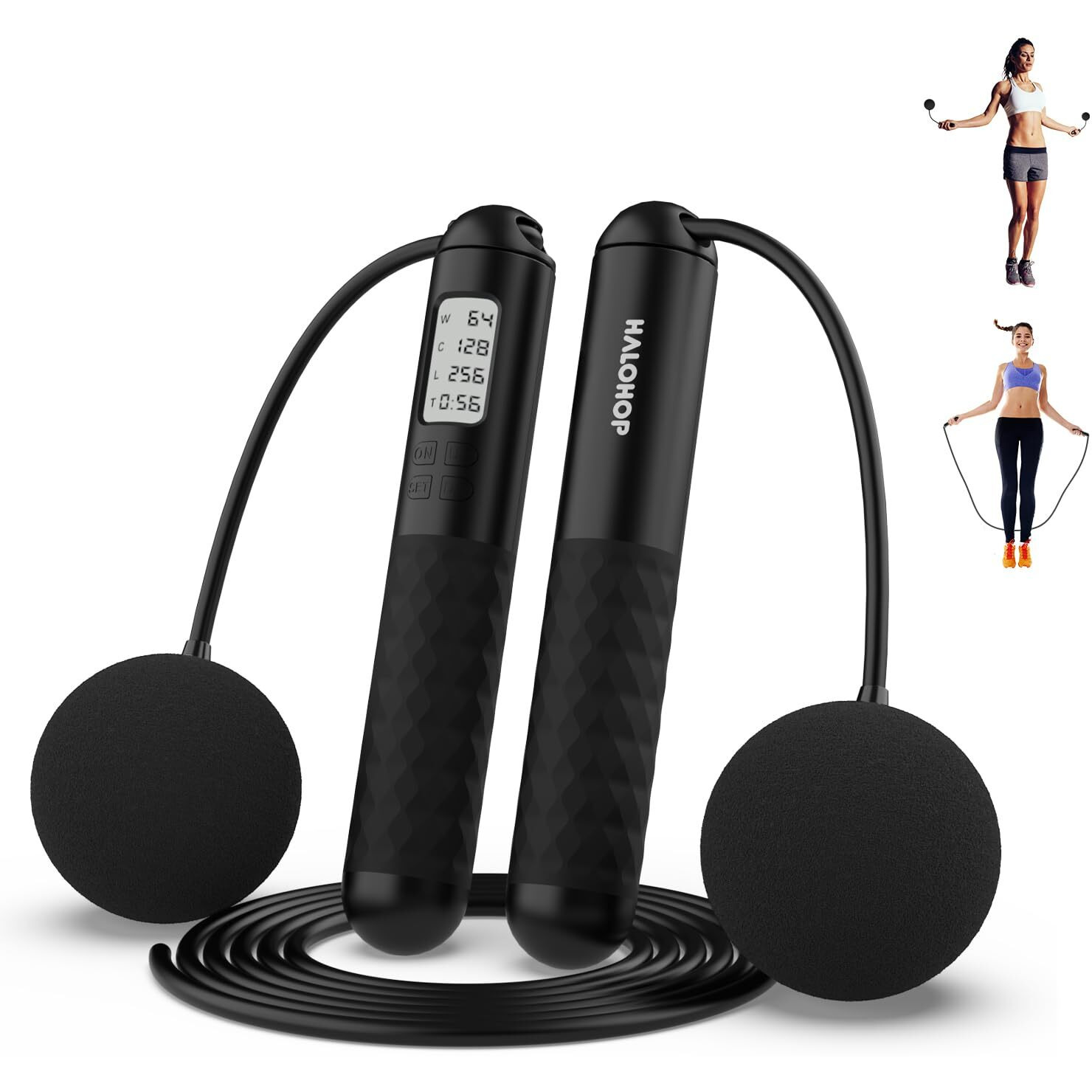 Halohop Skipping Rope With Calorie Counter, Cordless Weighted Skipping Jump Rope With Counter For Exercise & Fitness, Rapid Speed Ropeless Jump Rope With Large 7Cm Cordless Ball (Black) - Pvc