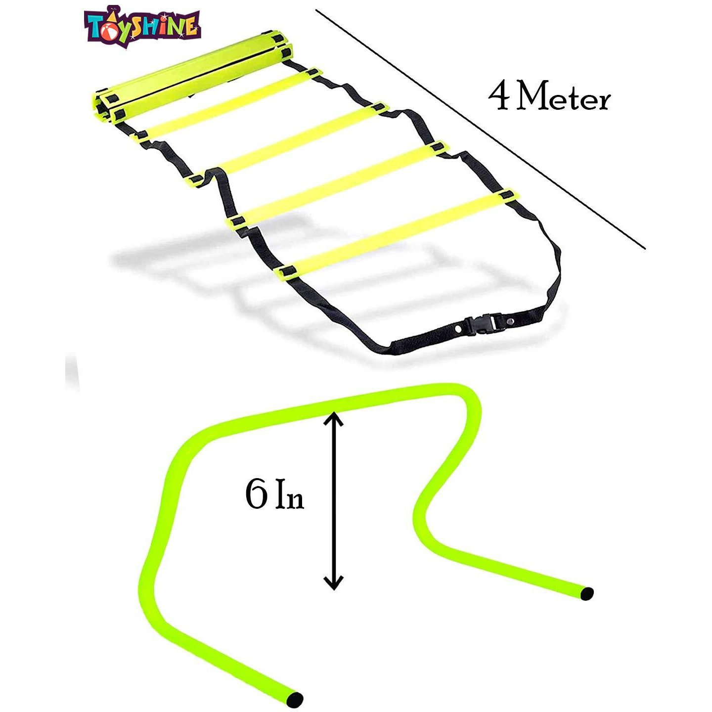 Toyshine Fitness Combo - 6 pc Hurdles (6 inch), 6 pc 6 Inches Stacking Cones, 10 Pc Space Markers and 1 Pc Agility Ladder (4 M) - SSTP - Multi
