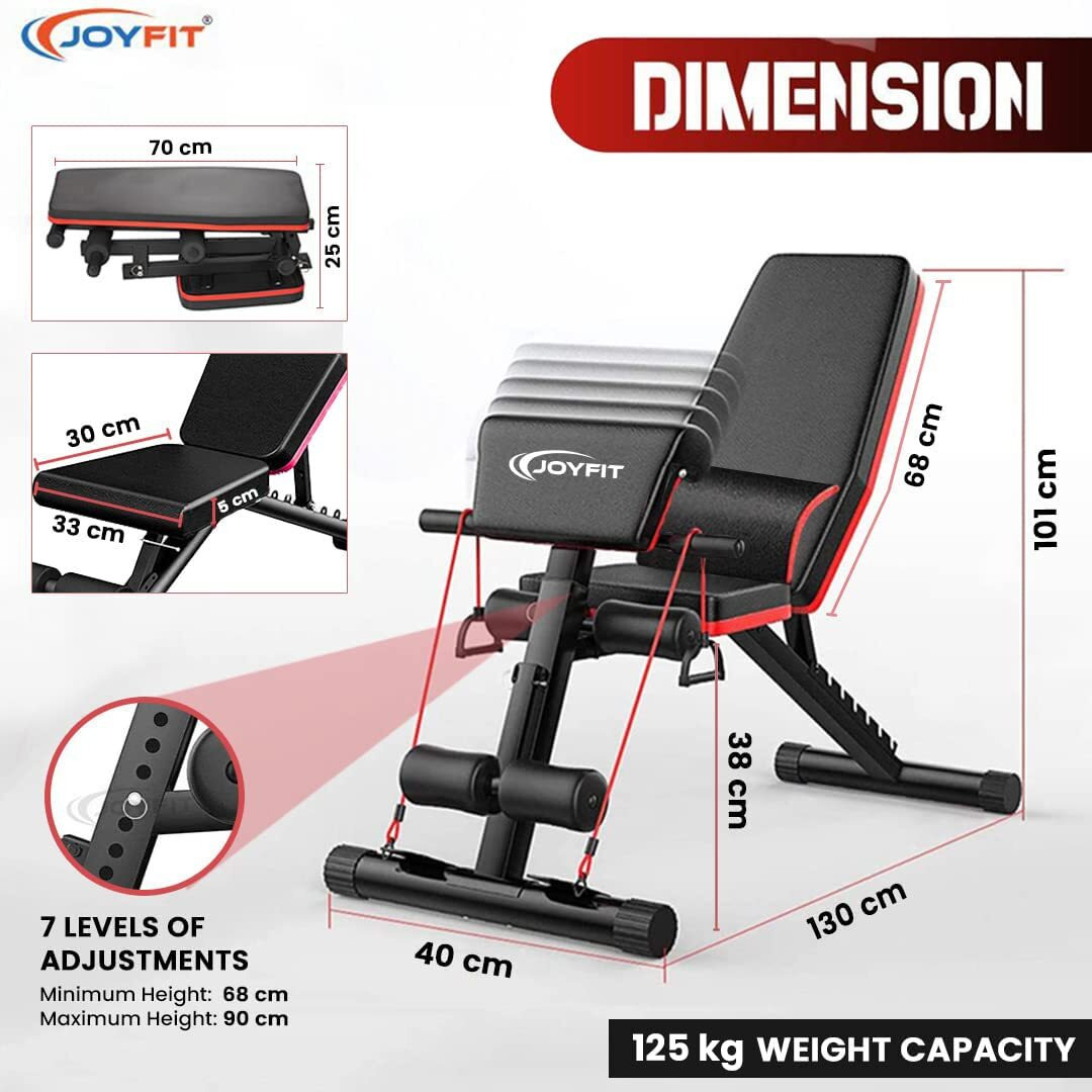 JoyFit 7-In-1 Adjustable Weight Bench With Foldable Flat/Incline/Decline Levels And Priest Pad For Chest, Arm, And Core Workout At Home And Gym By Men And Women (1 Pc) (Black), 150 KG