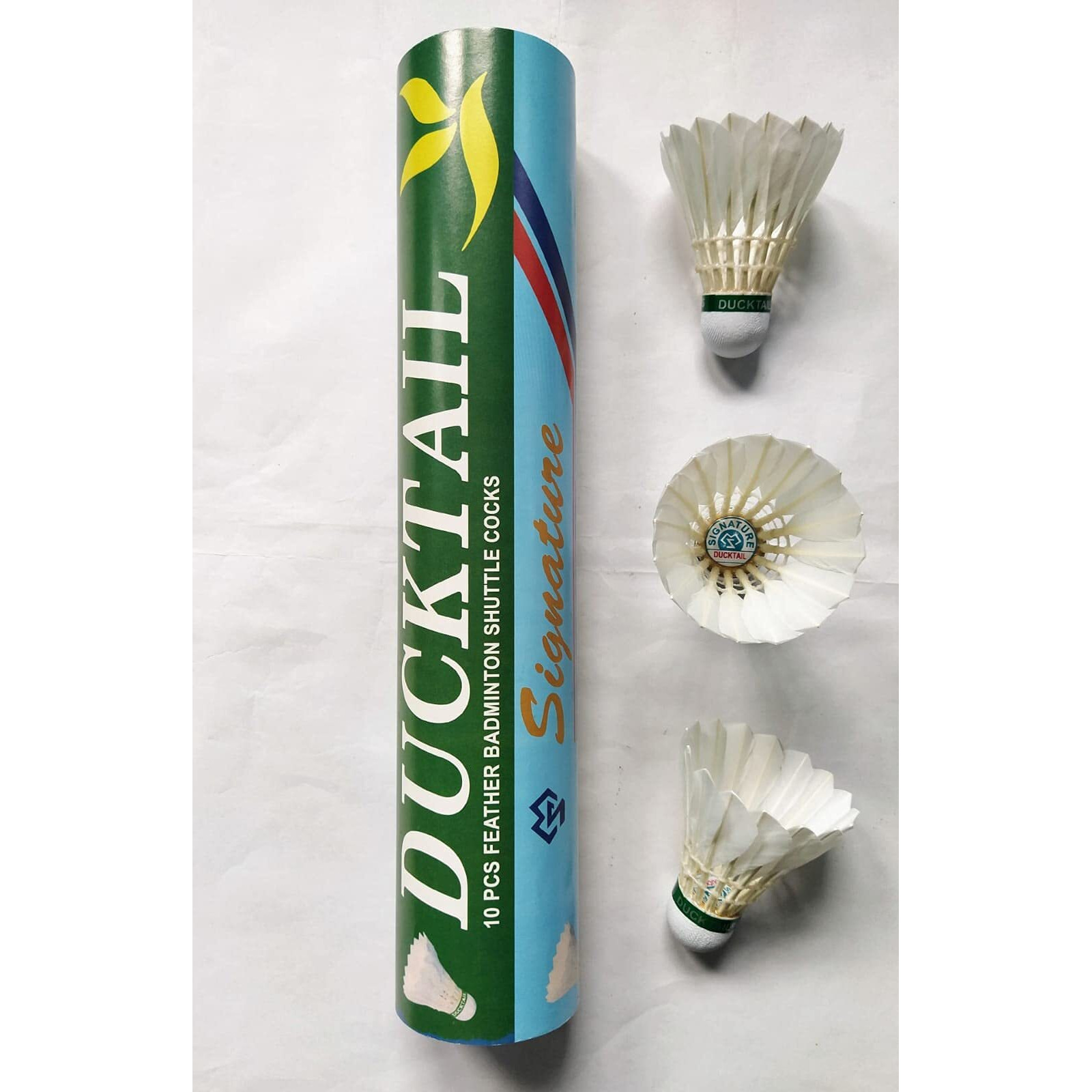 DUCKTAIL Signature - Feather Badminton Shuttlecock - Speed 76 - Cork Bottom - Tournament Grade - Durable White (Pack of 10 in A Box)