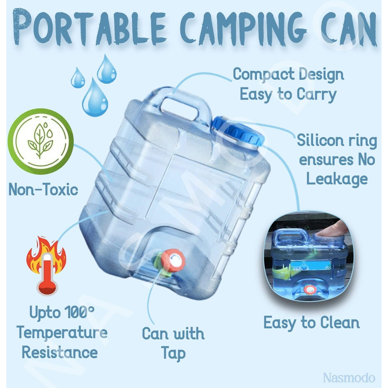 Nasmodo 15 Litre Camping Water Can with Tap Portable Camping Picnic Hiking Camping Water Tank Storage Container for Travelling Water Camper Dispenser Barrel with Faucet(Blue)