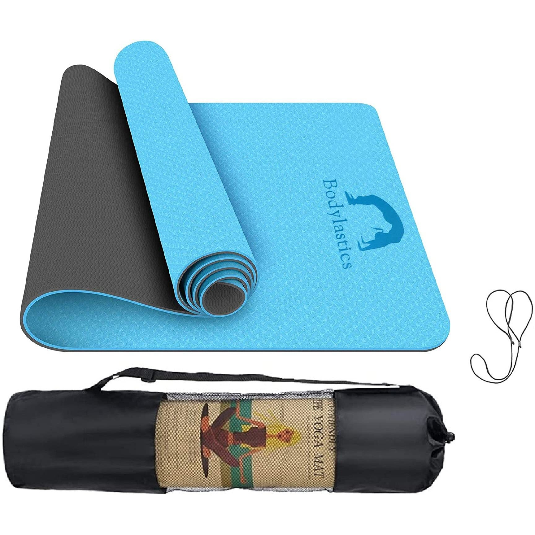 Bodylastics Yoga Mat for Men and Women with Carry Bag TPE 6ft x 2ft x 6mm Large Size Anti Slip & Anti Tear Workout Mat (Blue/Black Mat Only)