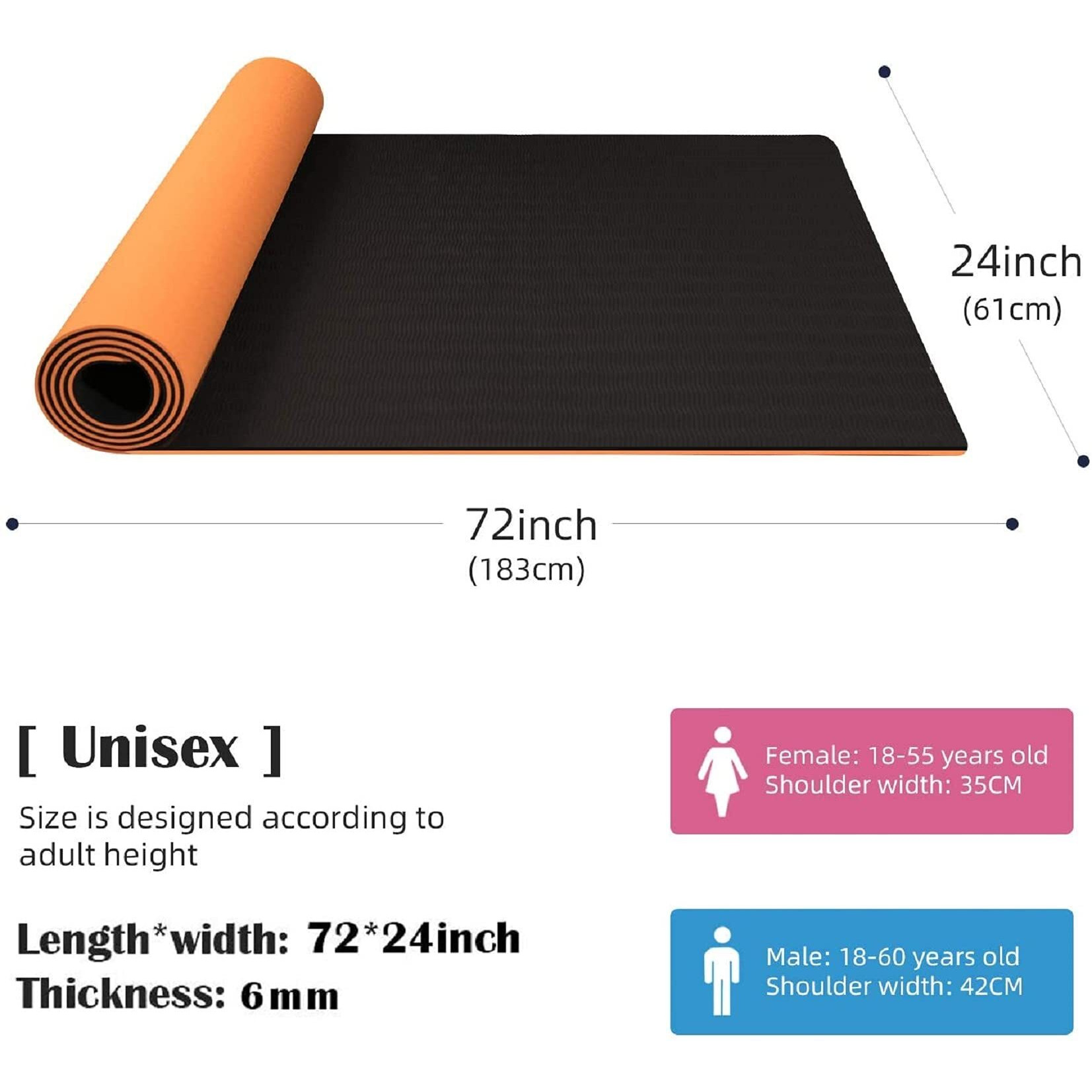 Bodylastics Yoga Mat for Men and Women with Carry Bag TPE 6ft x 2ft x 6mm Large Size Anti Slip & Anti Tear Workout Mat (Orange/Black)