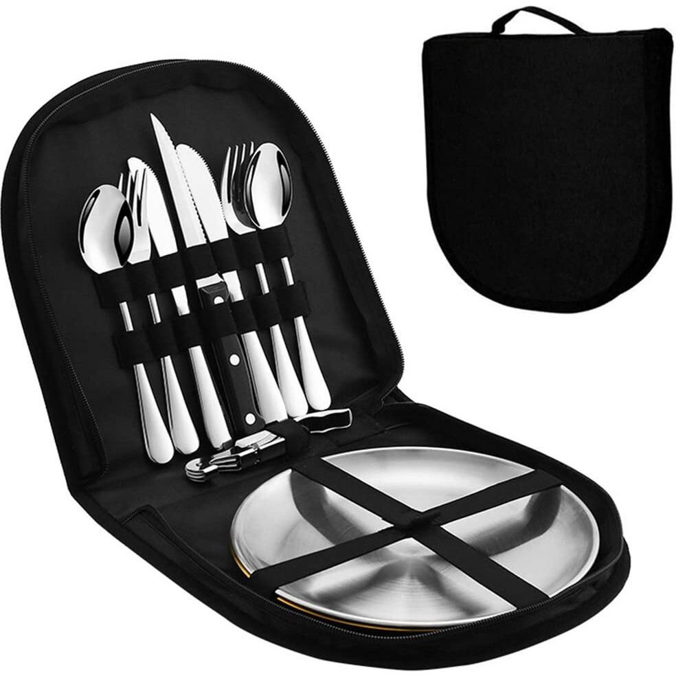 PROBEROS 10Pcs Cutlery Set For 2 Person With Portable Bag, Portable Outdoor Cutlery Set for Picnic, Picnic Eating Utensils Set, Spoons Knives Forks Wine Opener for 2, Travel Hiking