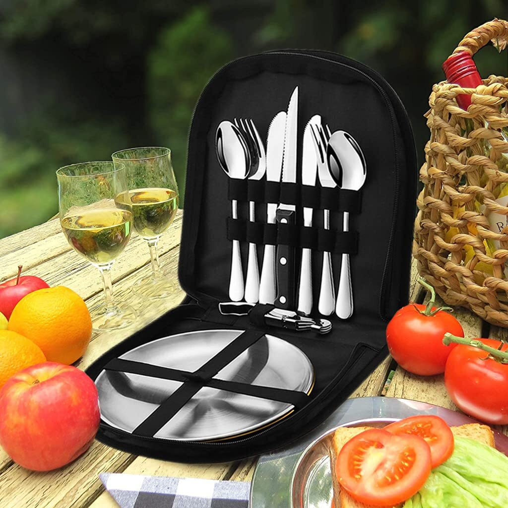 PROBEROS 10Pcs Cutlery Set For 2 Person With Portable Bag, Portable Outdoor Cutlery Set for Picnic, Picnic Eating Utensils Set, Spoons Knives Forks Wine Opener for 2, Travel Hiking