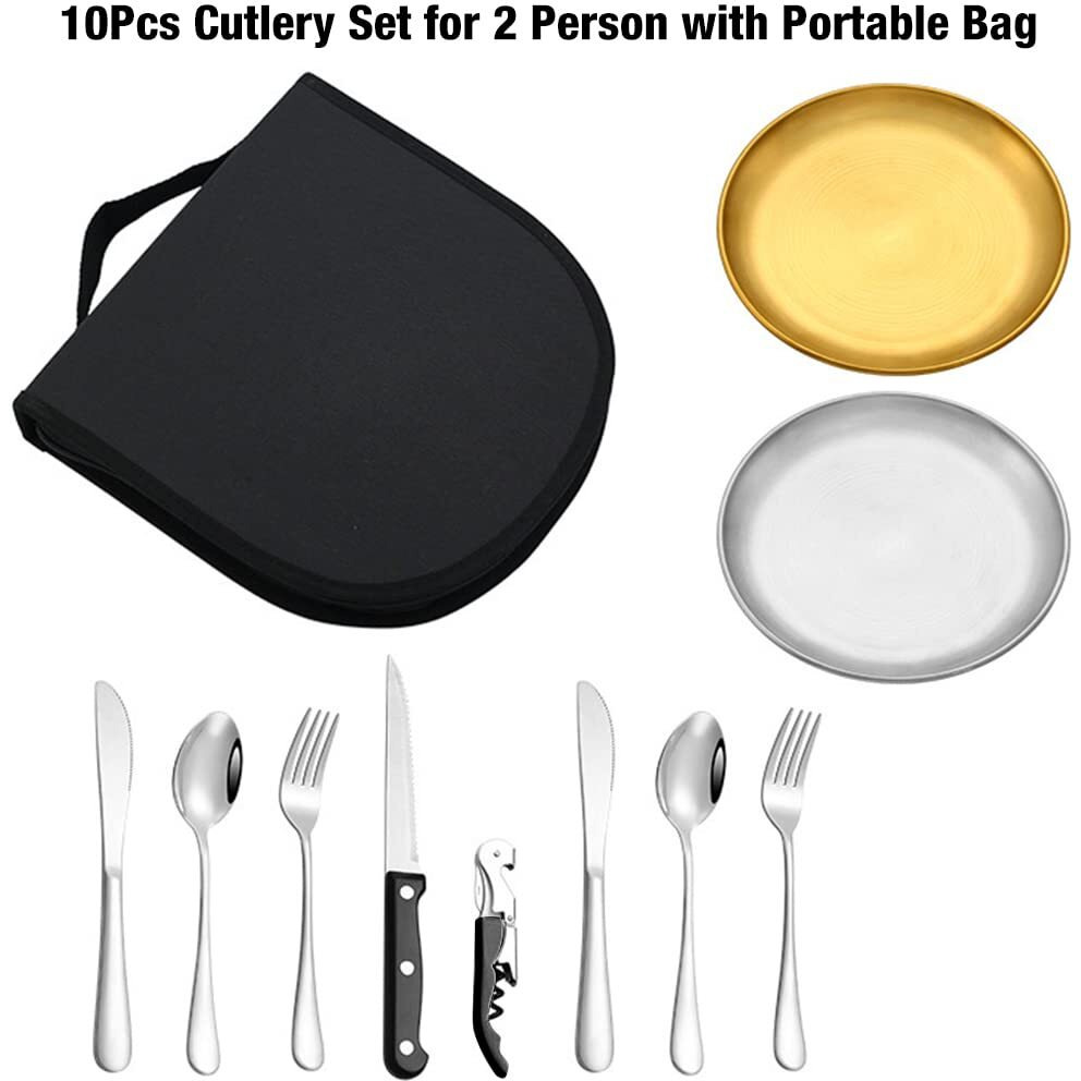 PROBEROS 10Pcs Cutlery Set For 2 Person With Portable Bag, Portable Outdoor Cutlery Set for Picnic, Picnic Eating Utensils Set, Spoons Knives Forks Wine Opener for 2, Travel Hiking