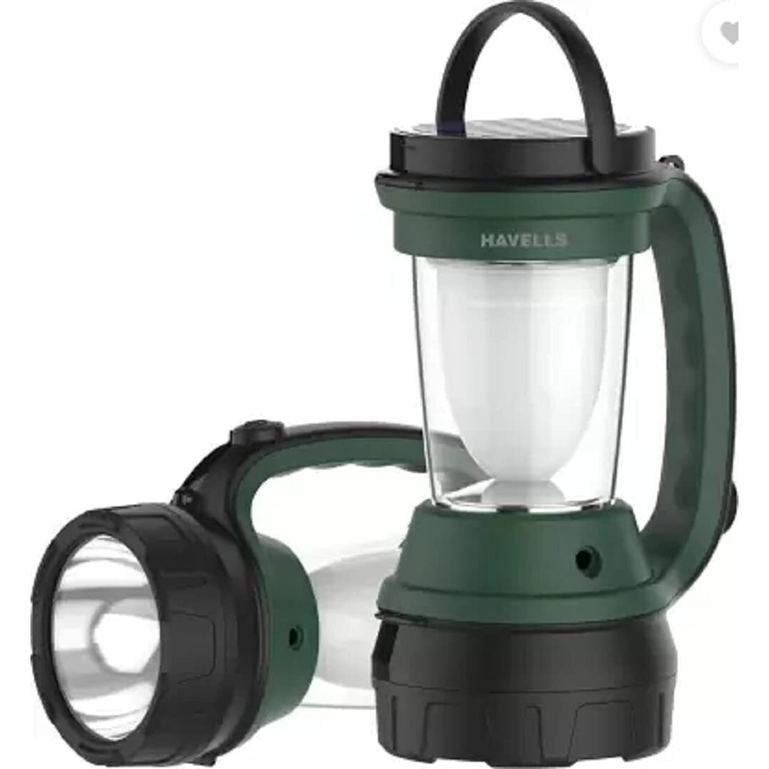 Havells 2 in 1 LED Lantern Cum Torch with Solar Panel Rechargeable Feature Lantern Emergency Light (Green, White, Black)